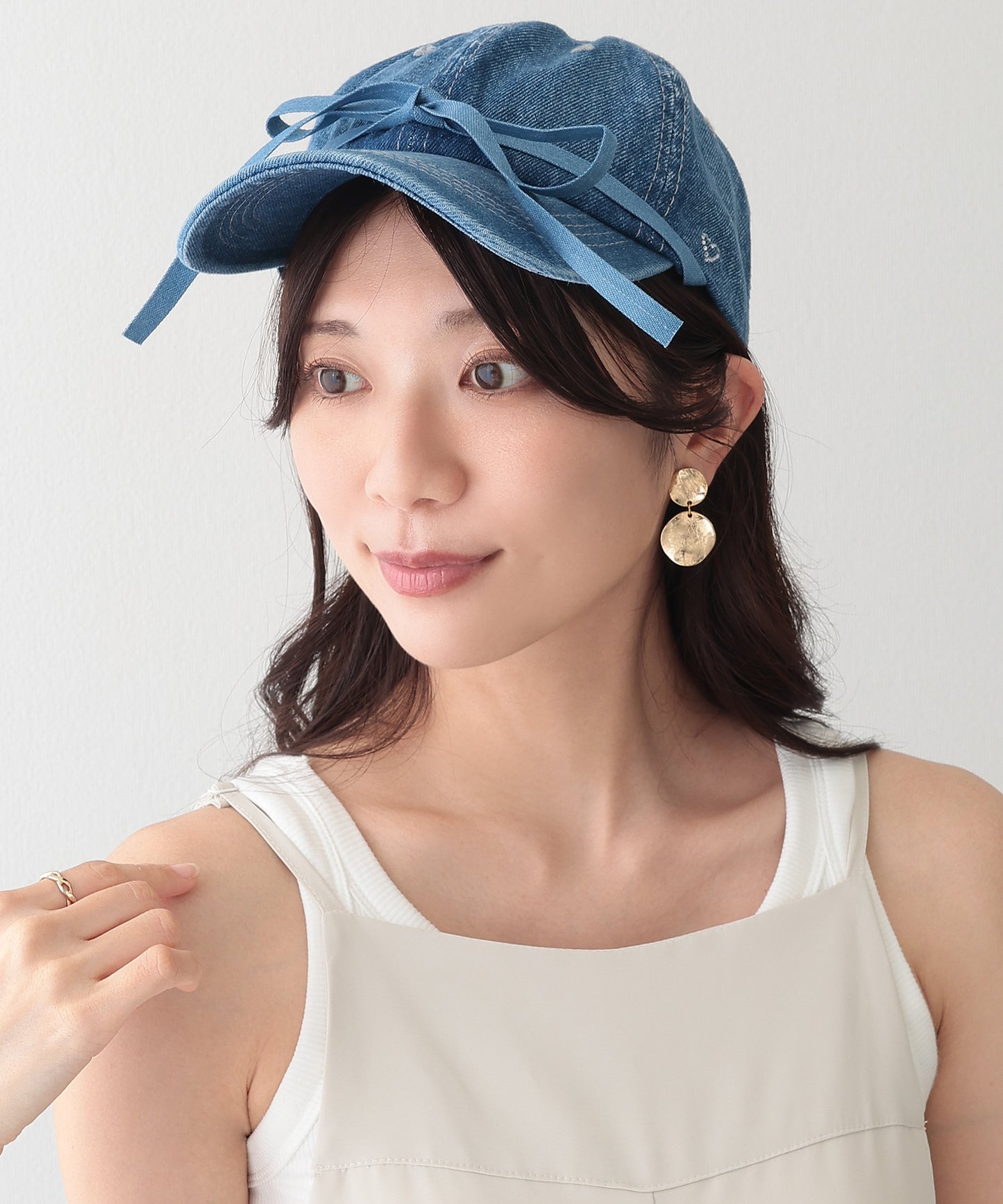 リボン付き プチ ハート デニム ベースボール キャップ