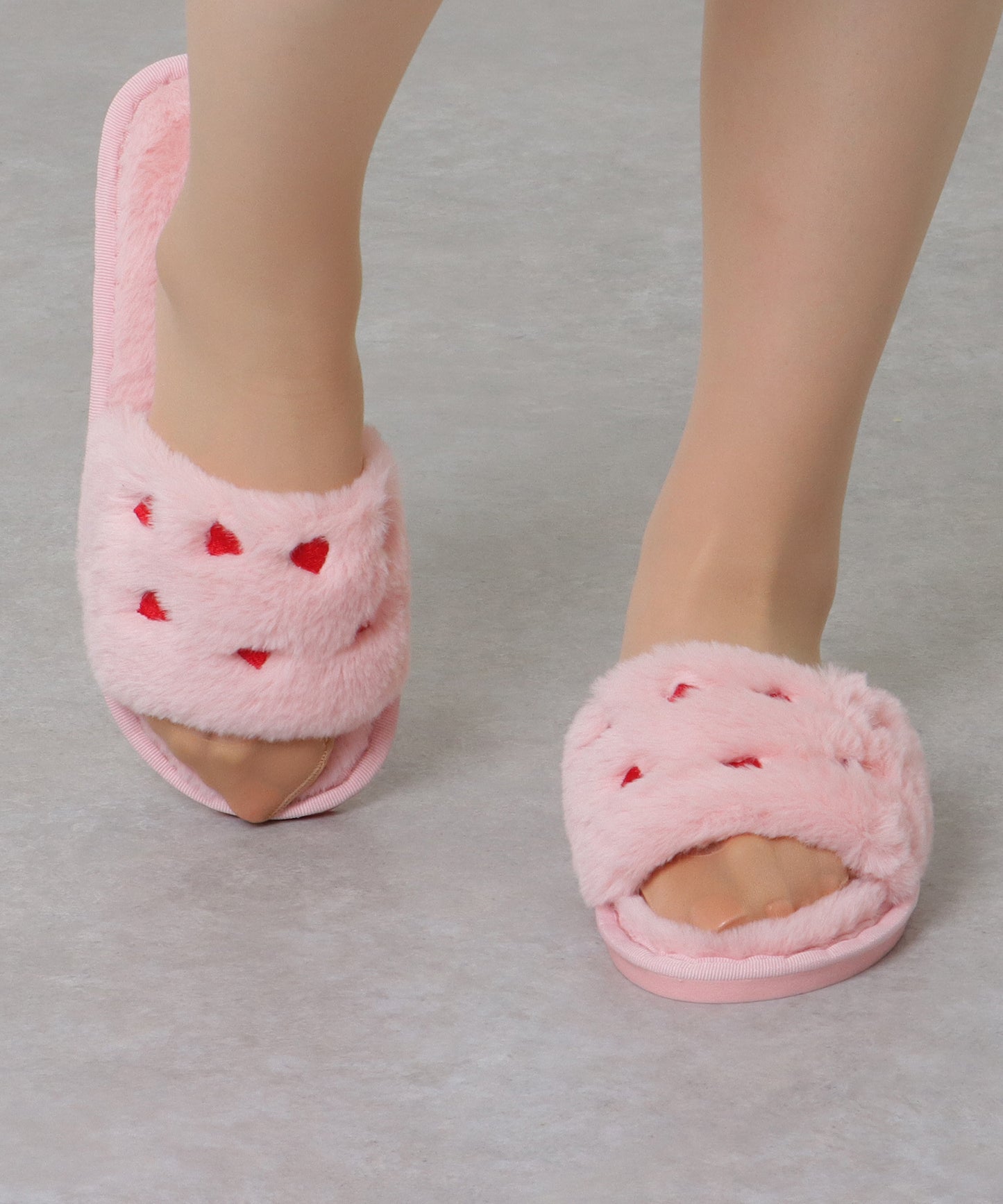 ハート 刺繍 オープン ファー スリッパ