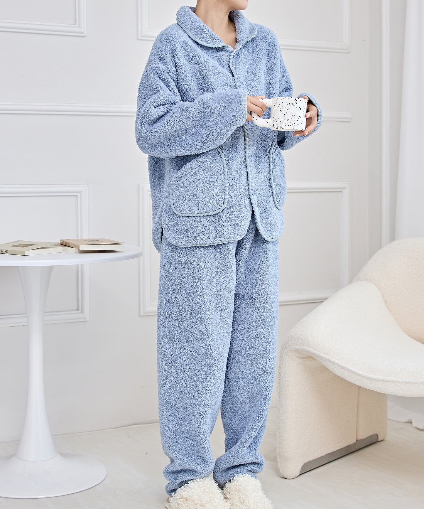 フロントボタン パイピング風 配色 ふわもこ ルームウエア