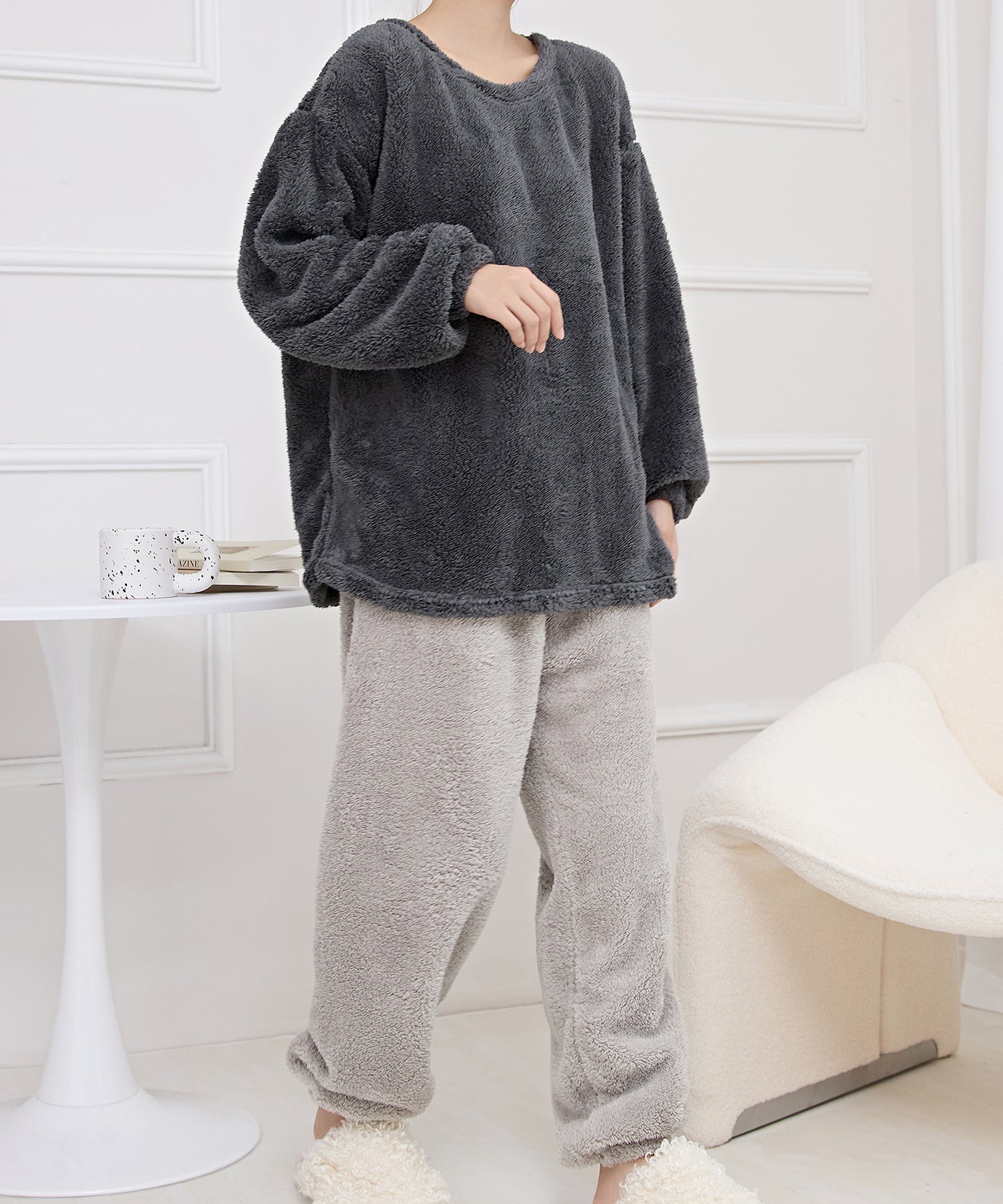 ラウンドネック ふわもこ 長袖 フリース ルームウエア