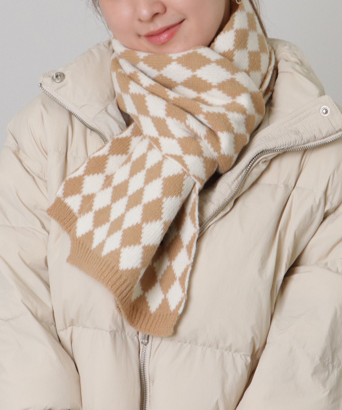 配色 ダイヤモンド チェック柄 ニット マフラー