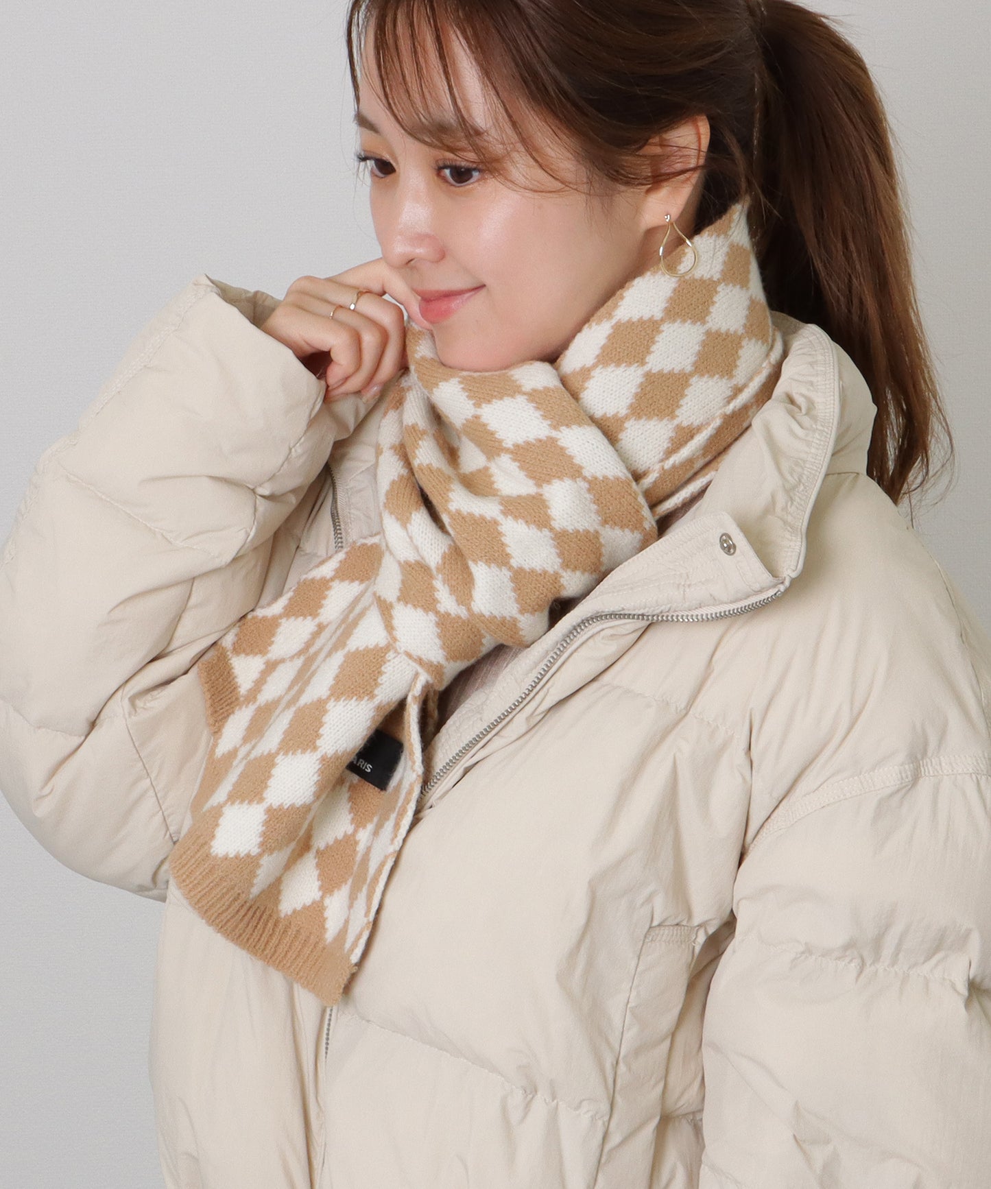 配色 ダイヤモンド チェック柄 ニット マフラー