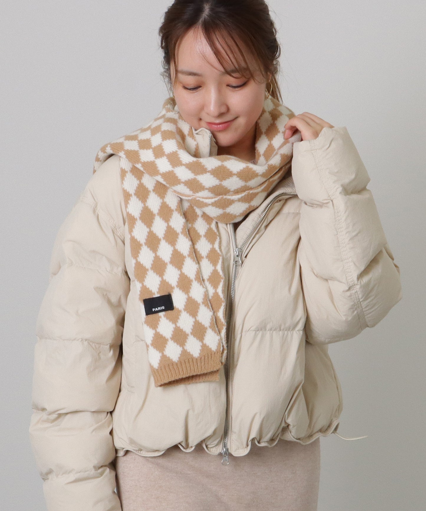 配色 ダイヤモンド チェック柄 ニット マフラー