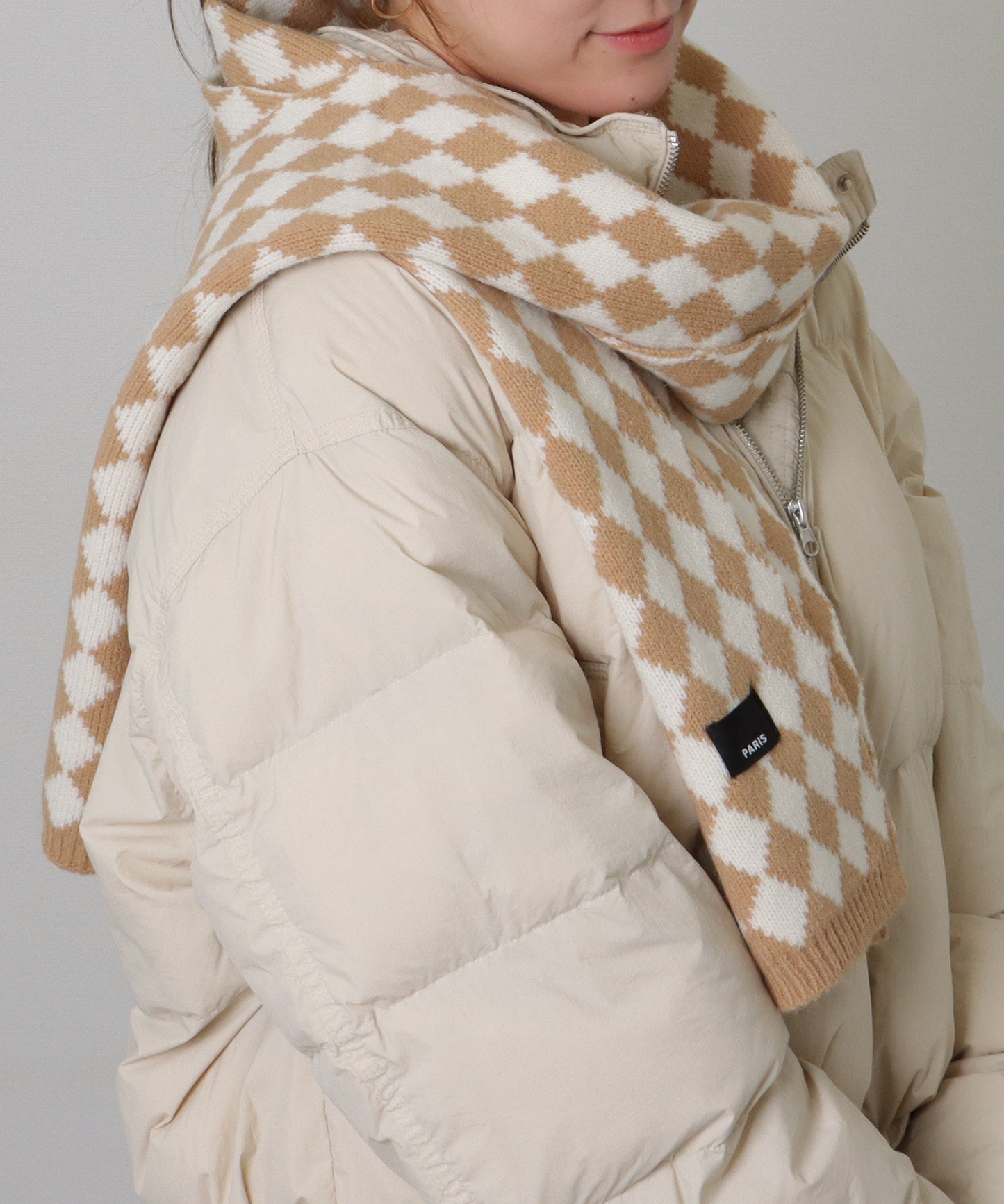 配色 ダイヤモンド チェック柄 ニット マフラー