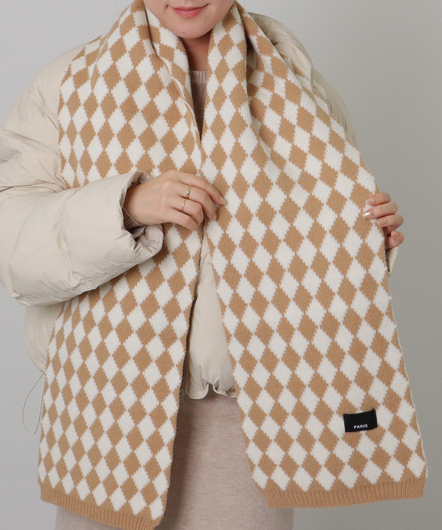 配色 ダイヤモンド チェック柄 ニット マフラー