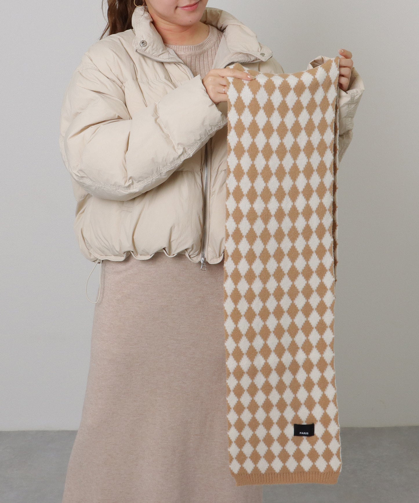 配色 ダイヤモンド チェック柄 ニット マフラー