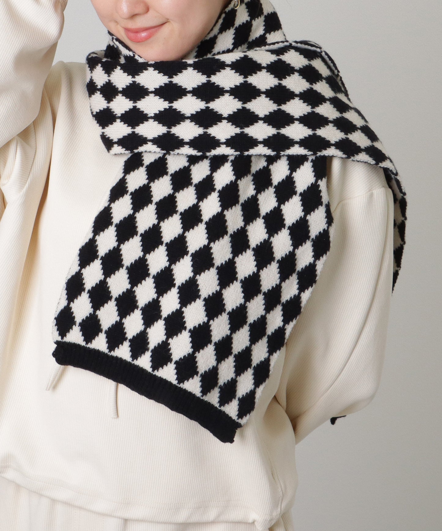 配色 ダイヤモンド チェック柄 ニット マフラー