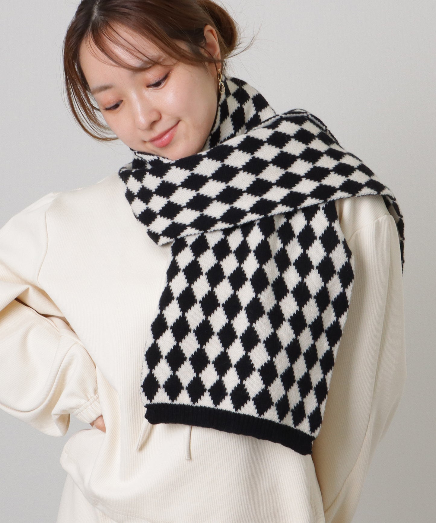 配色 ダイヤモンド チェック柄 ニット マフラー