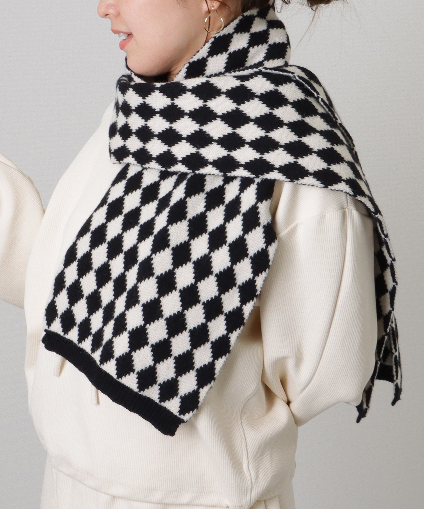 配色 ダイヤモンド チェック柄 ニット マフラー