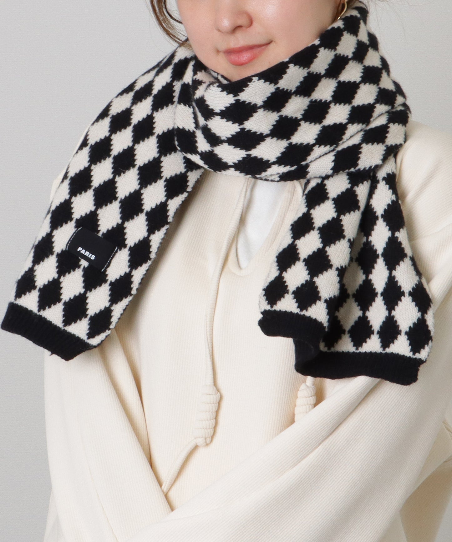 配色 ダイヤモンド チェック柄 ニット マフラー