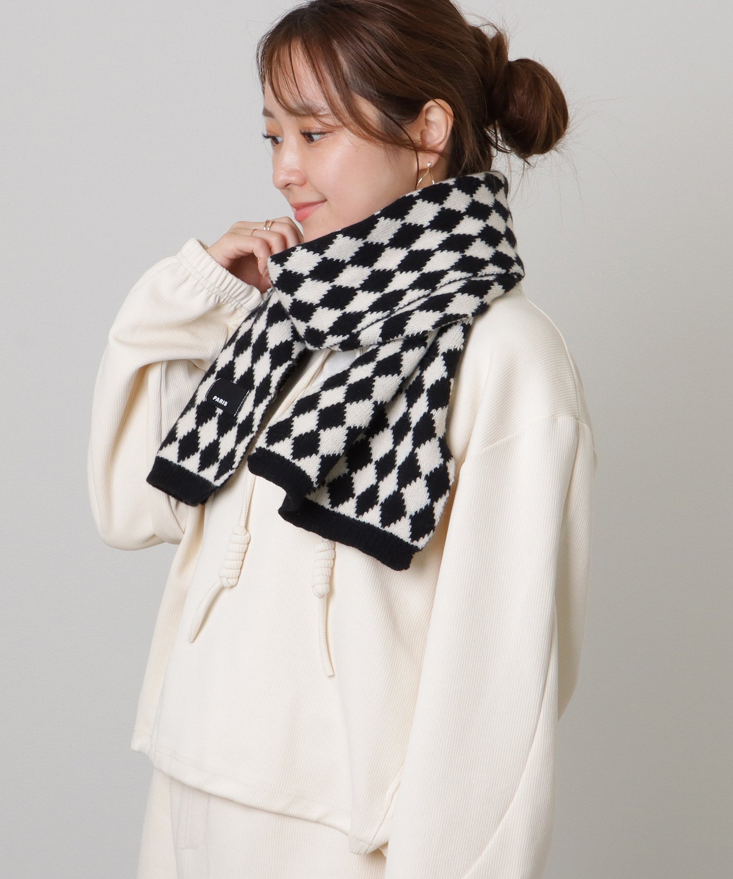 配色 ダイヤモンド チェック柄 ニット マフラー