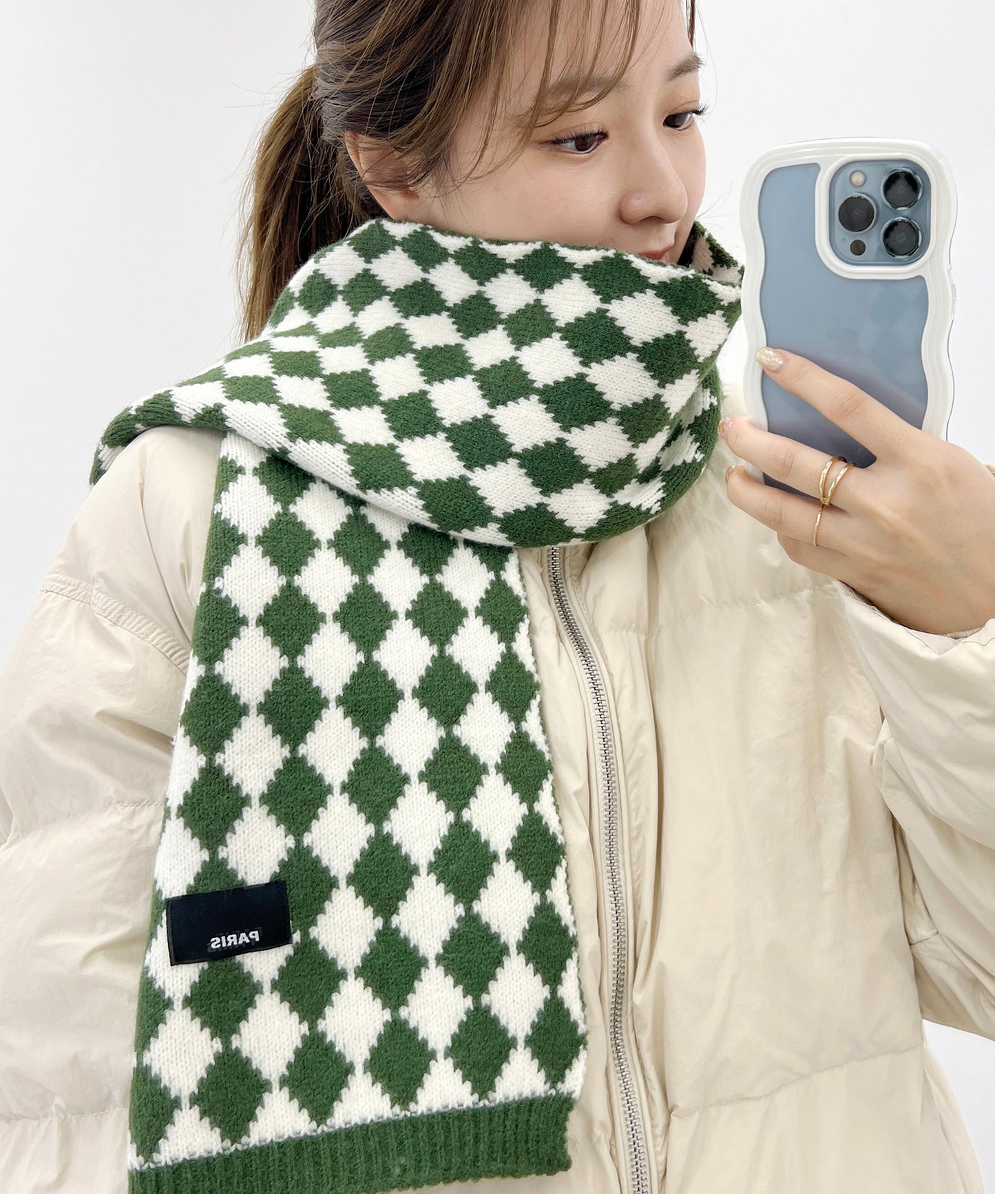 配色 ダイヤモンド チェック柄 ニット マフラー