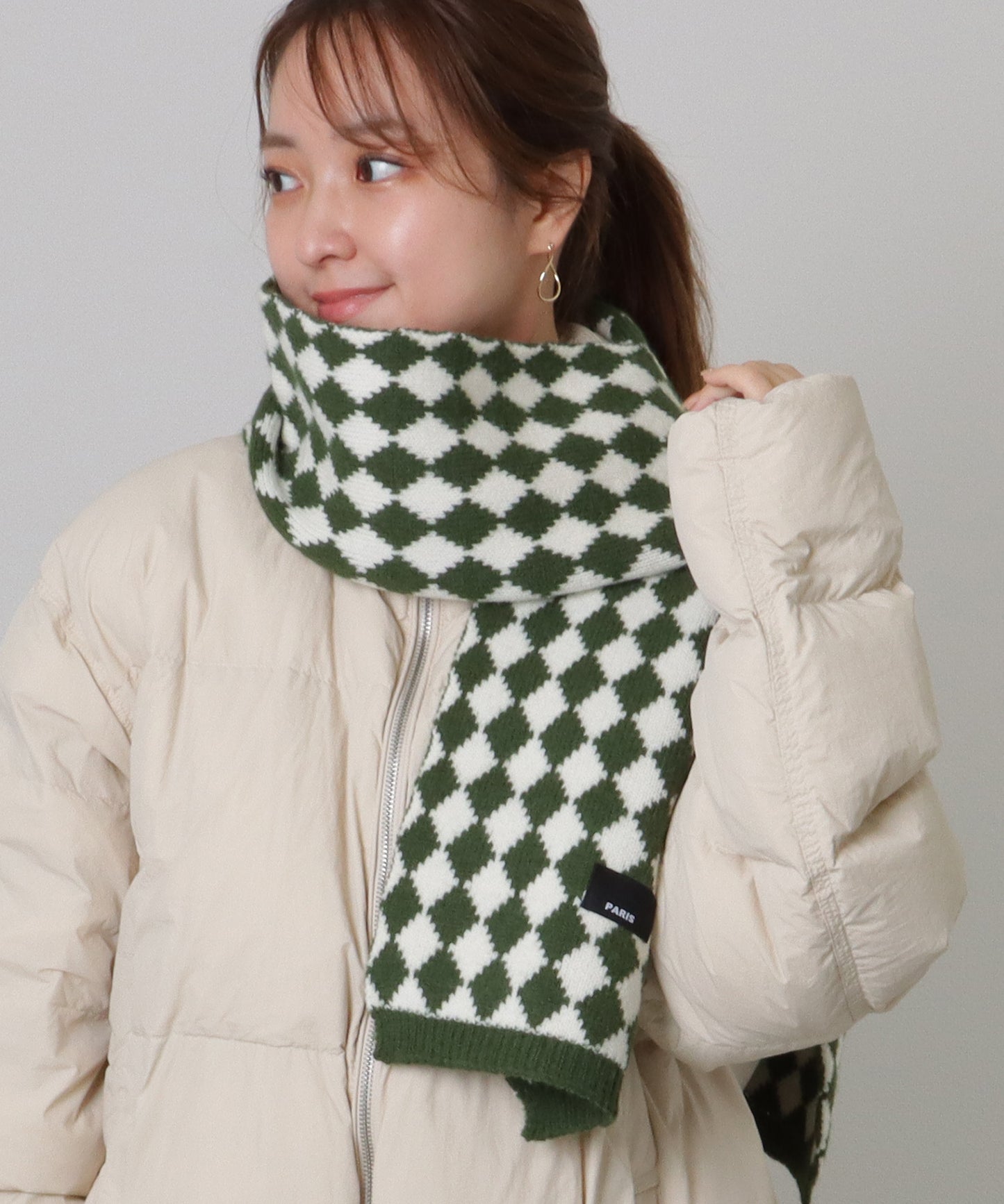 配色 ダイヤモンド チェック柄 ニット マフラー