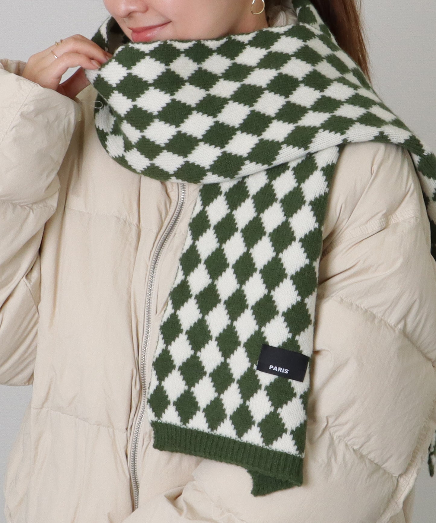 配色 ダイヤモンド チェック柄 ニット マフラー