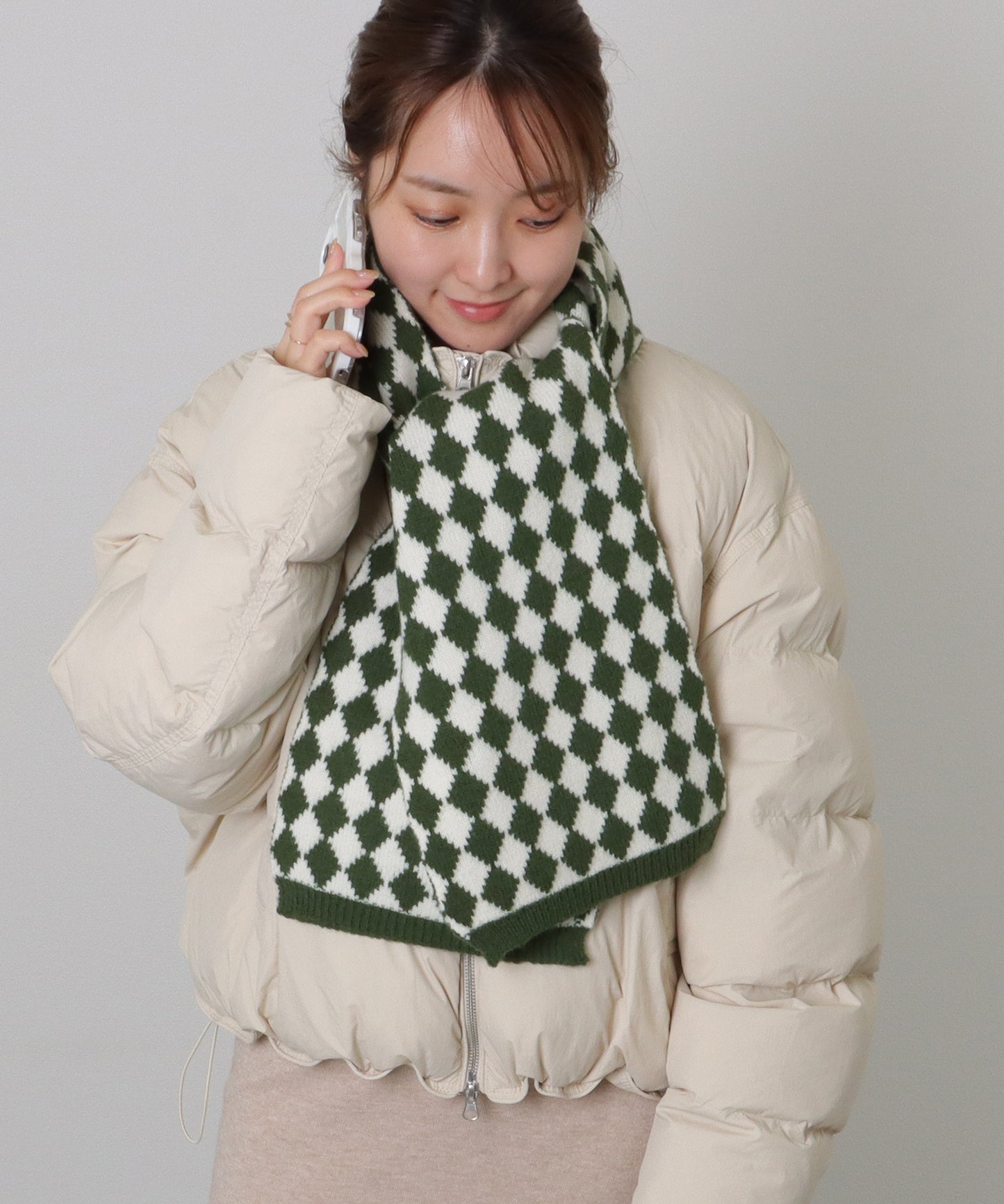 配色 ダイヤモンド チェック柄 ニット マフラー