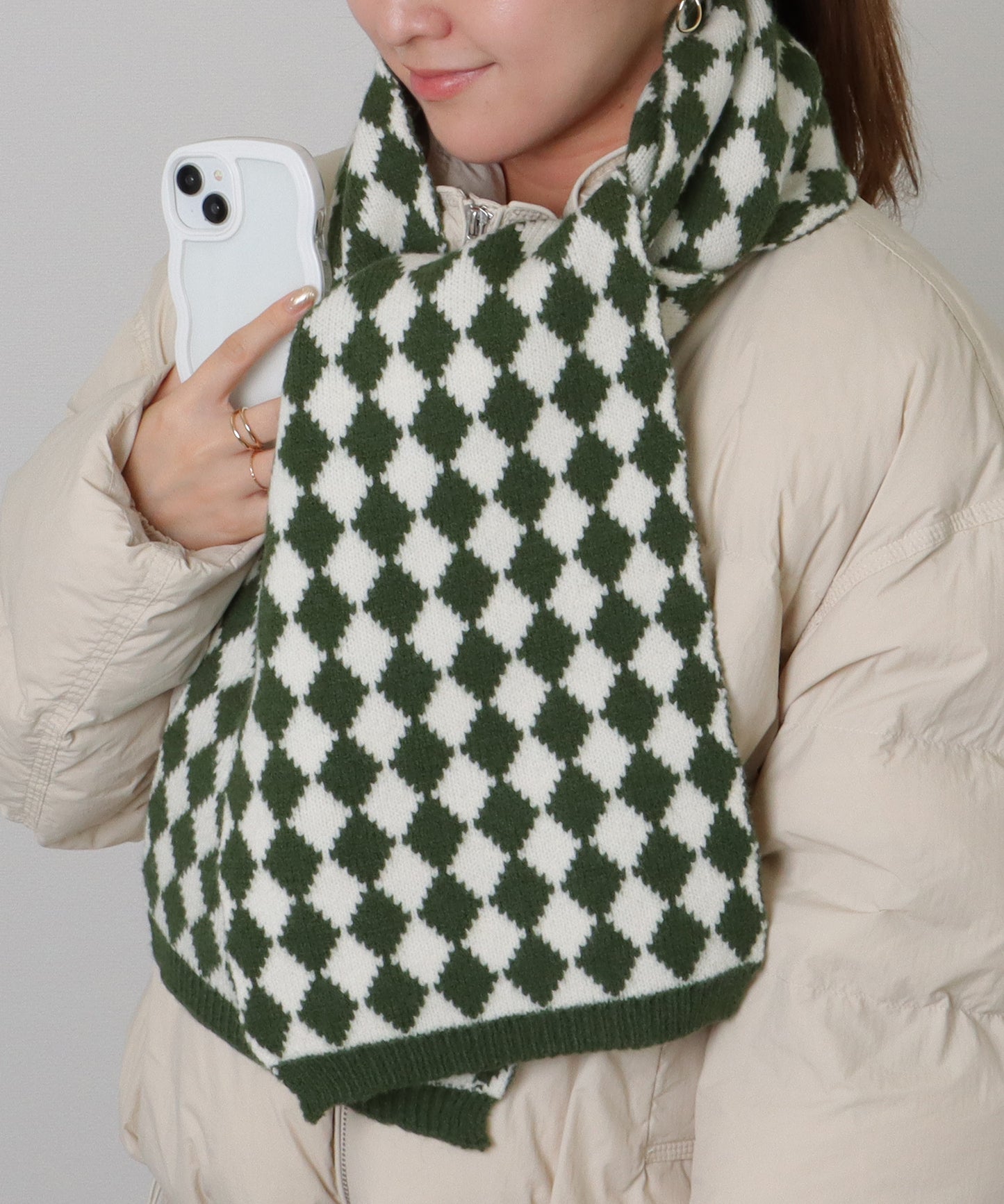 配色 ダイヤモンド チェック柄 ニット マフラー