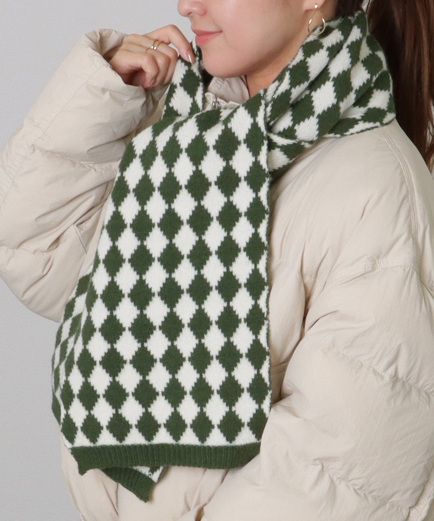 配色 ダイヤモンド チェック柄 ニット マフラー