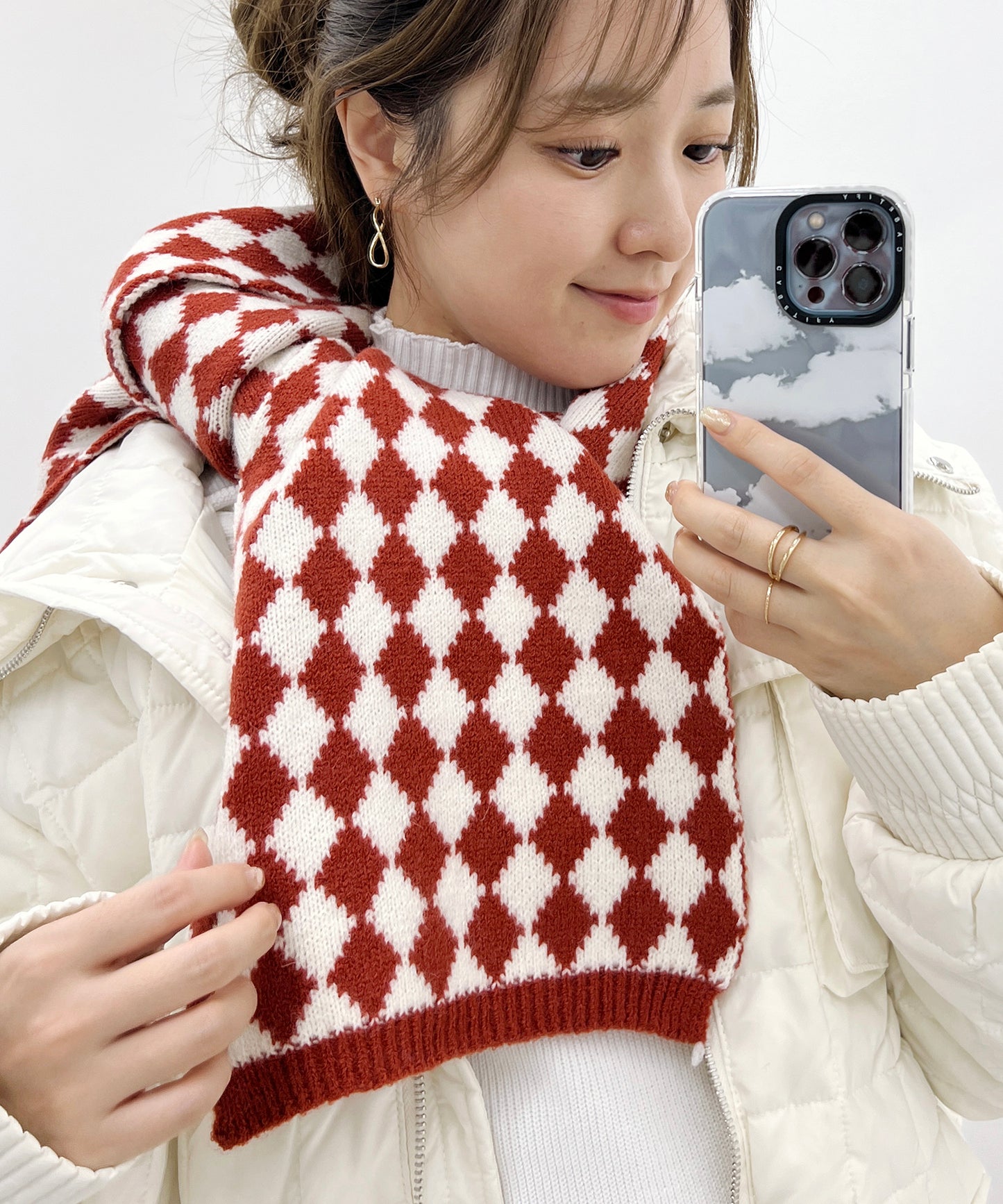 配色 ダイヤモンド チェック柄 ニット マフラー