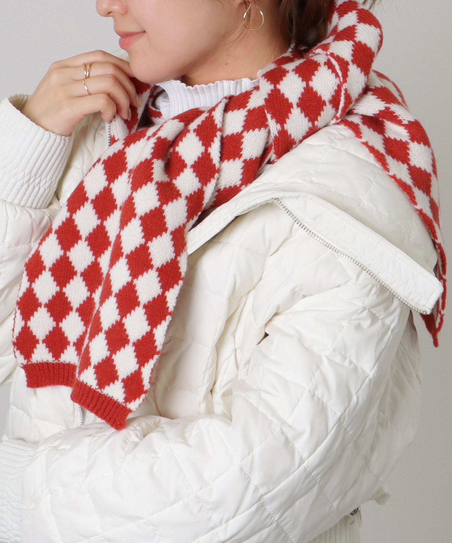 配色 ダイヤモンド チェック柄 ニット マフラー