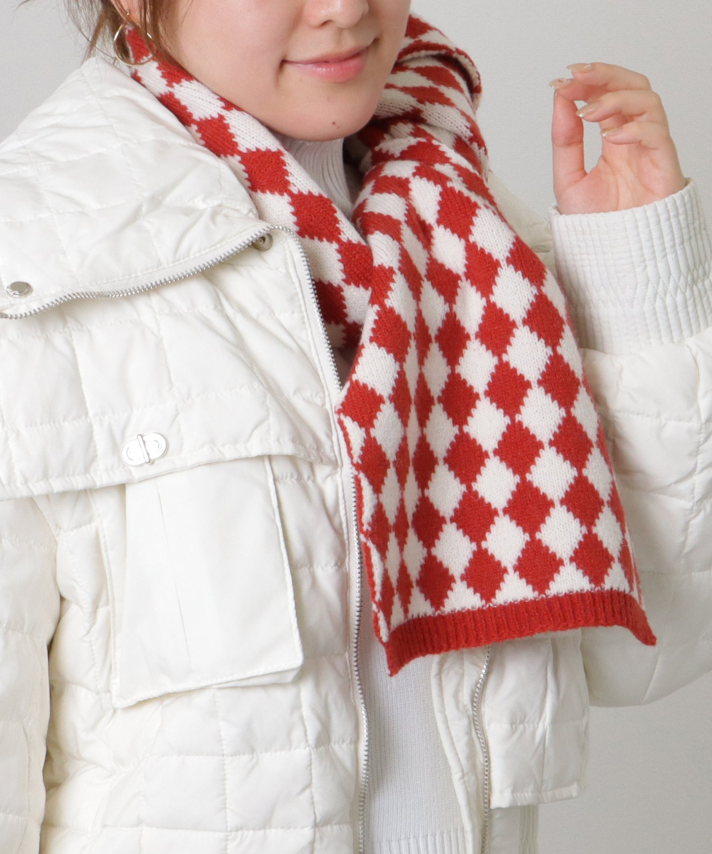 配色 ダイヤモンド チェック柄 ニット マフラー