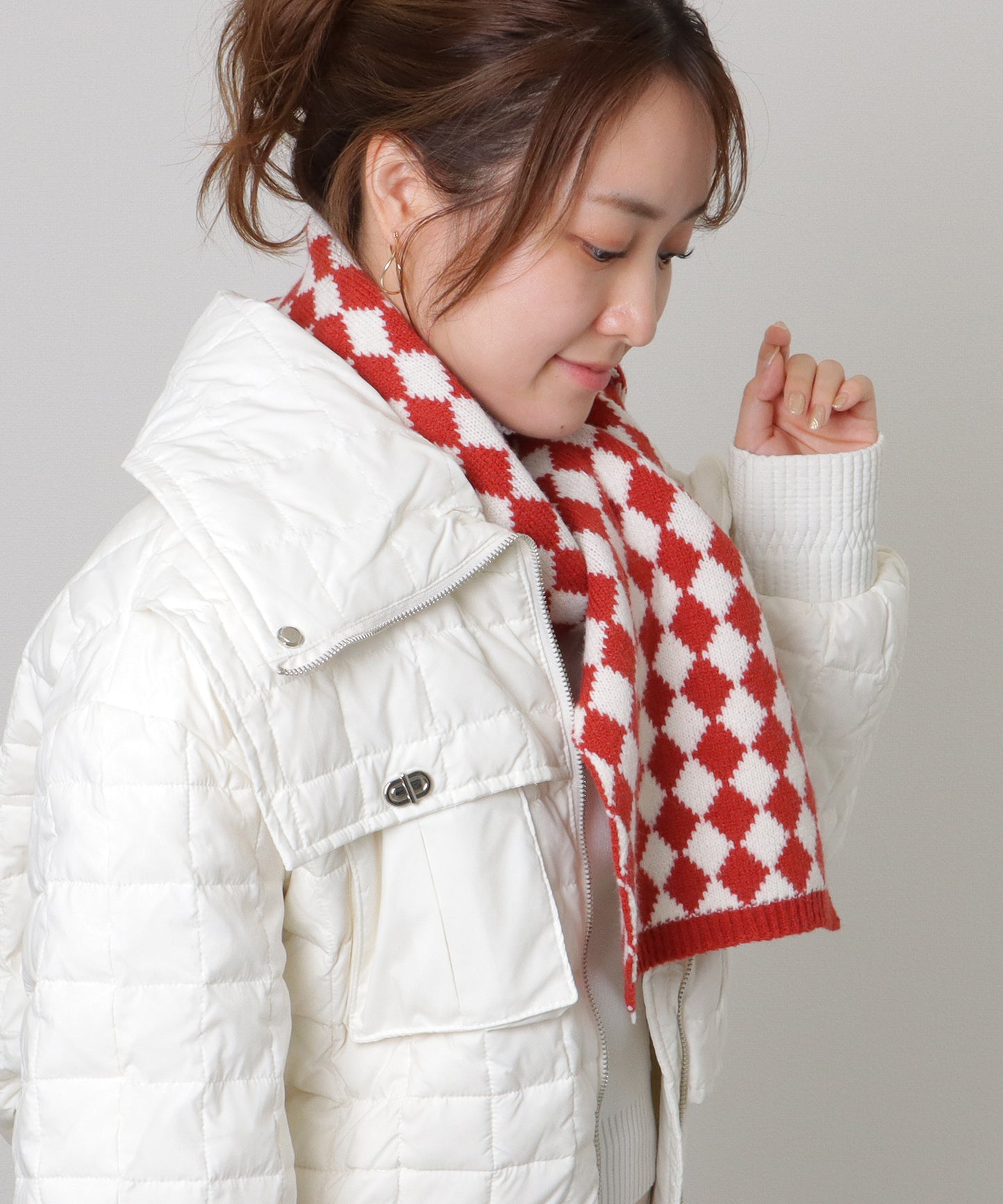 配色 ダイヤモンド チェック柄 ニット マフラー