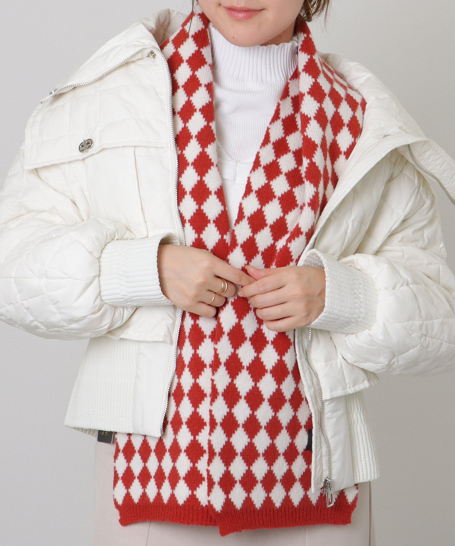 配色 ダイヤモンド チェック柄 ニット マフラー