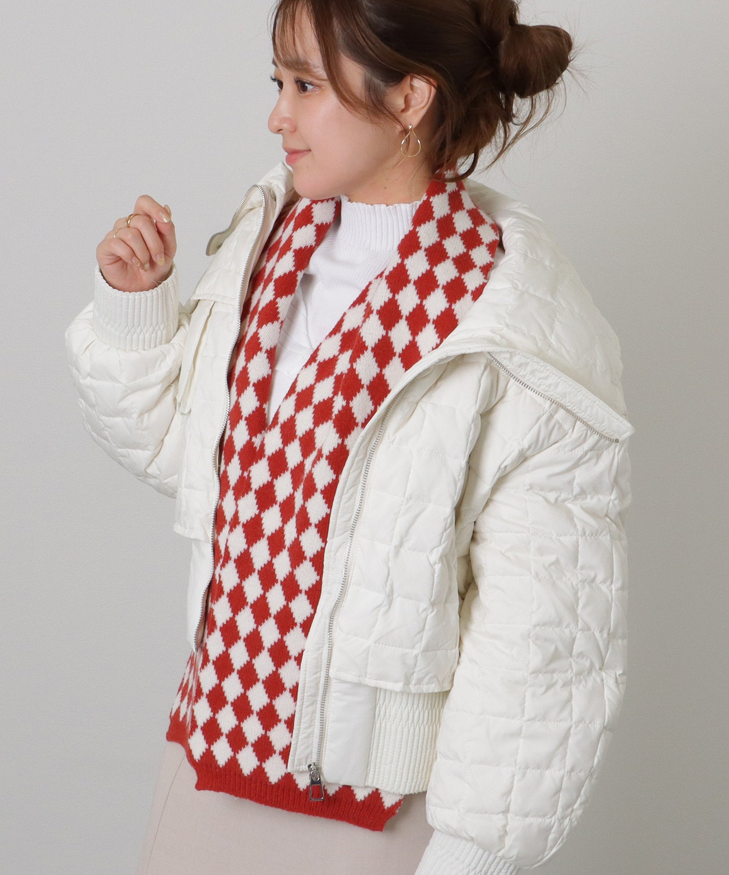 配色 ダイヤモンド チェック柄 ニット マフラー