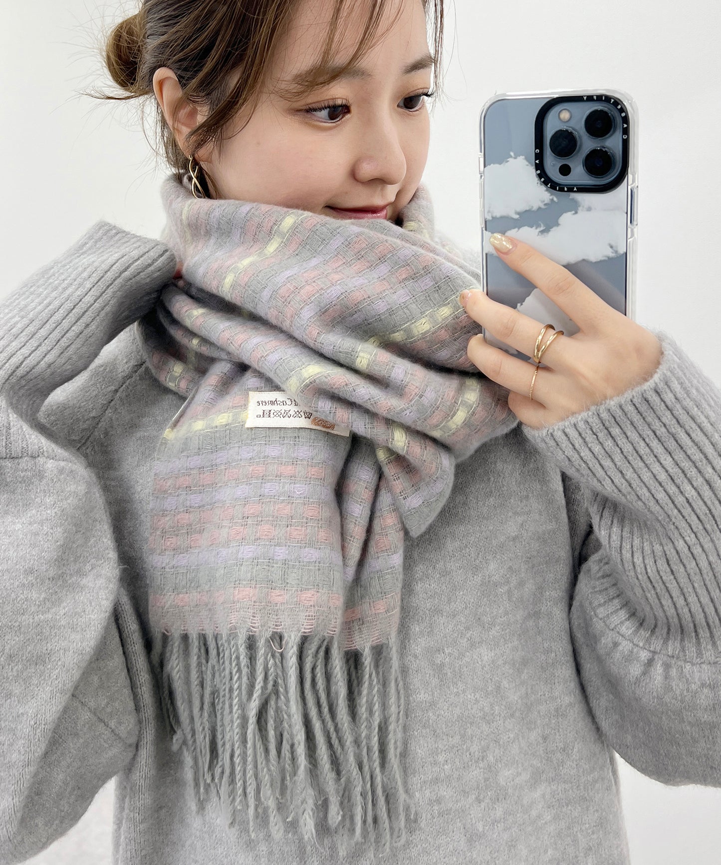 配色 チェック フリンジ ニット マフラー