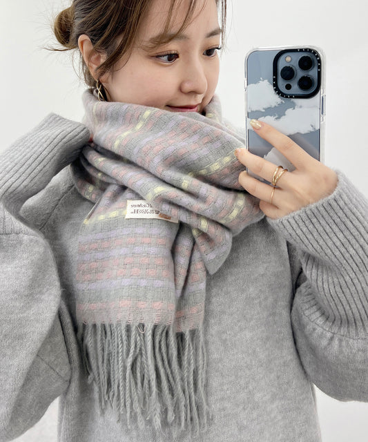配色 チェック フリンジ ニット マフラー
