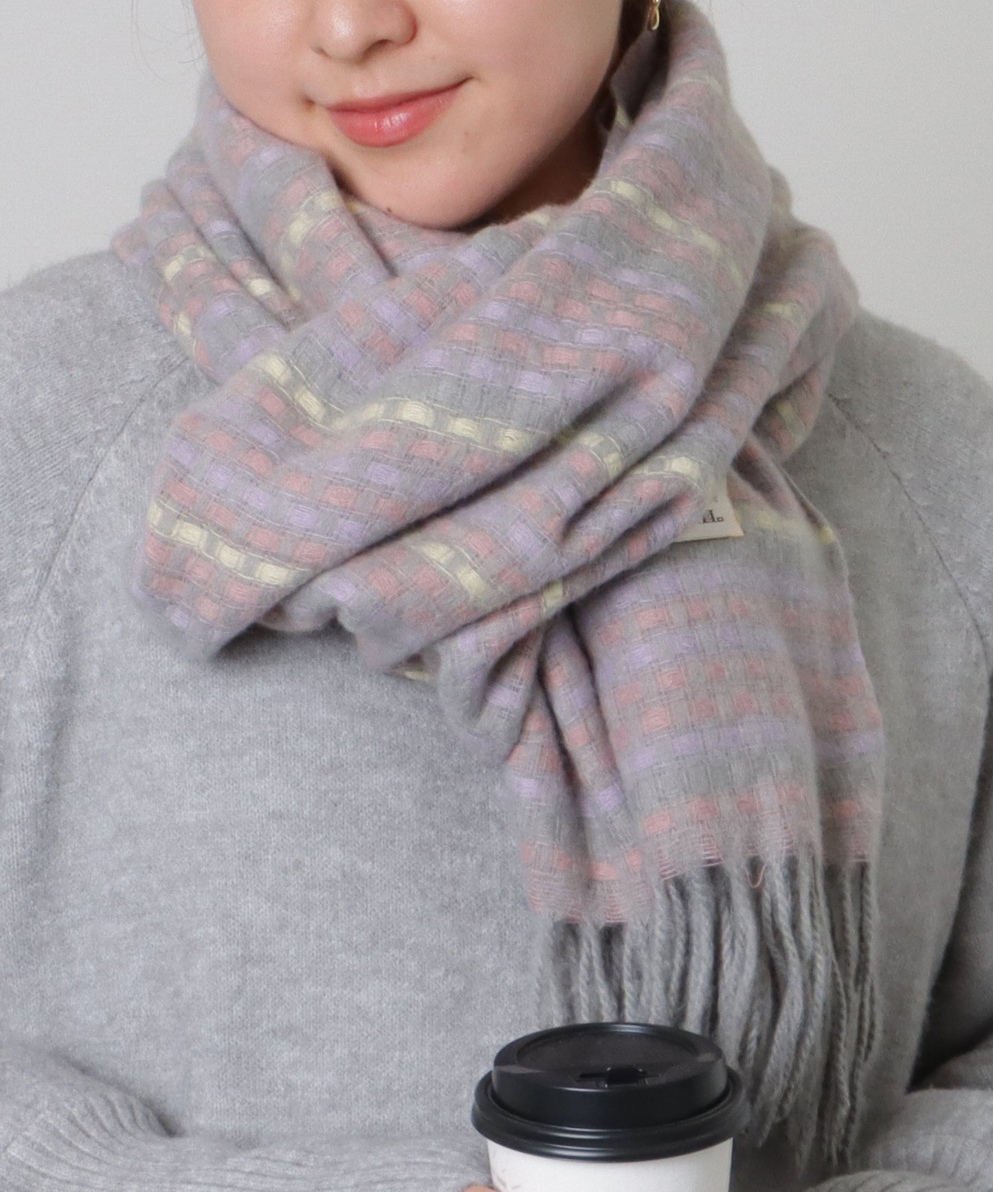 配色 チェック フリンジ ニット マフラー