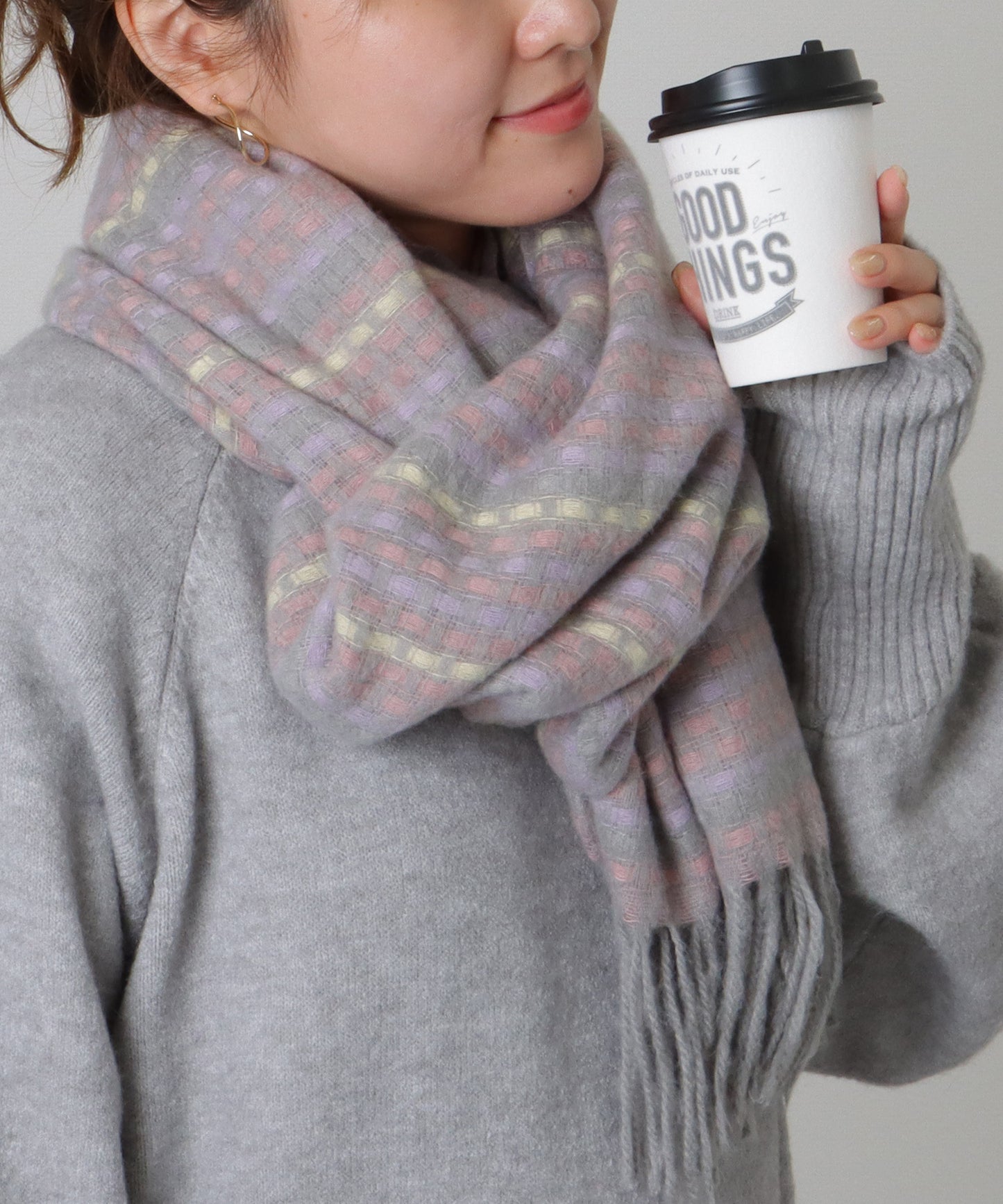 配色 チェック フリンジ ニット マフラー