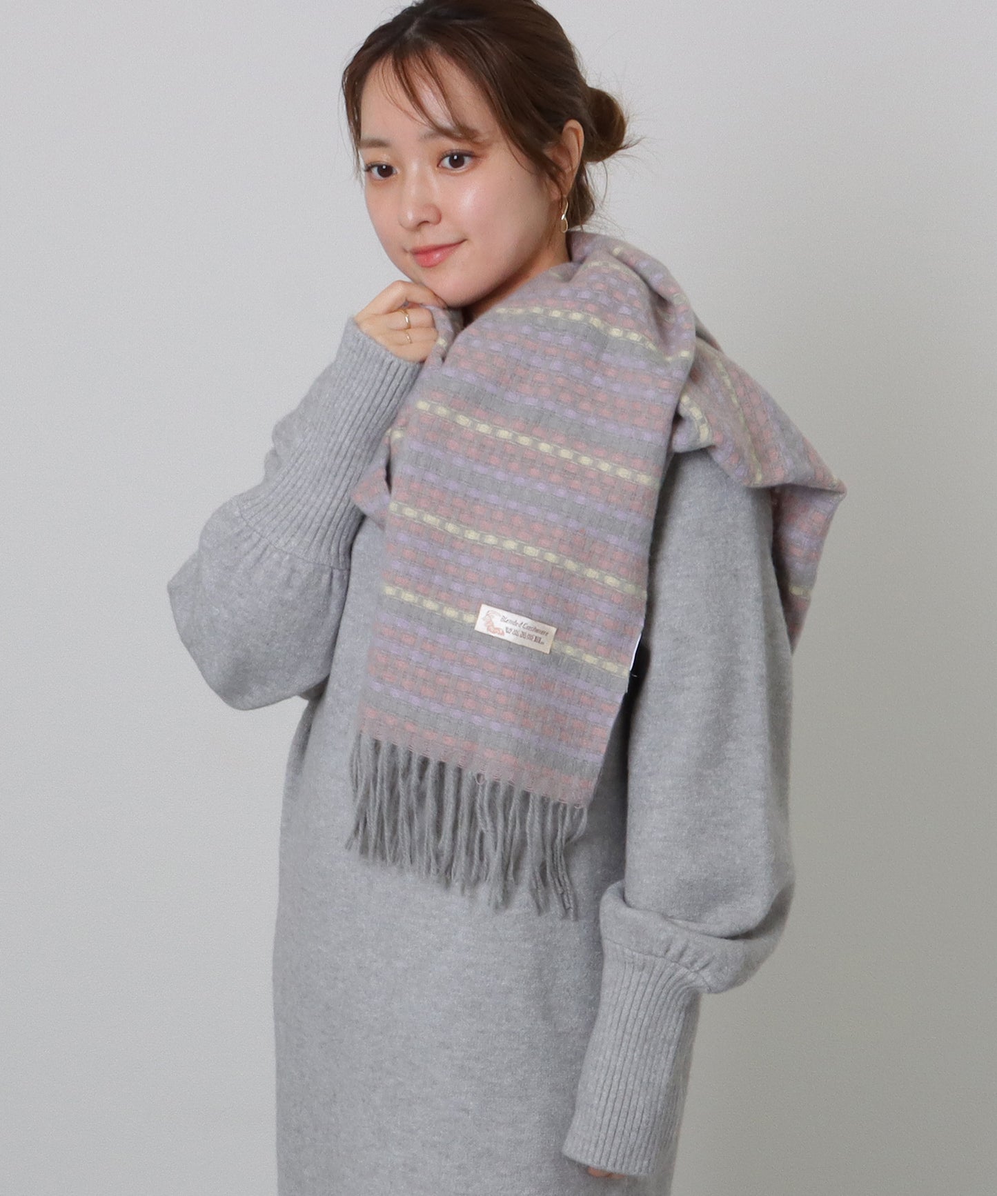 配色 チェック フリンジ ニット マフラー