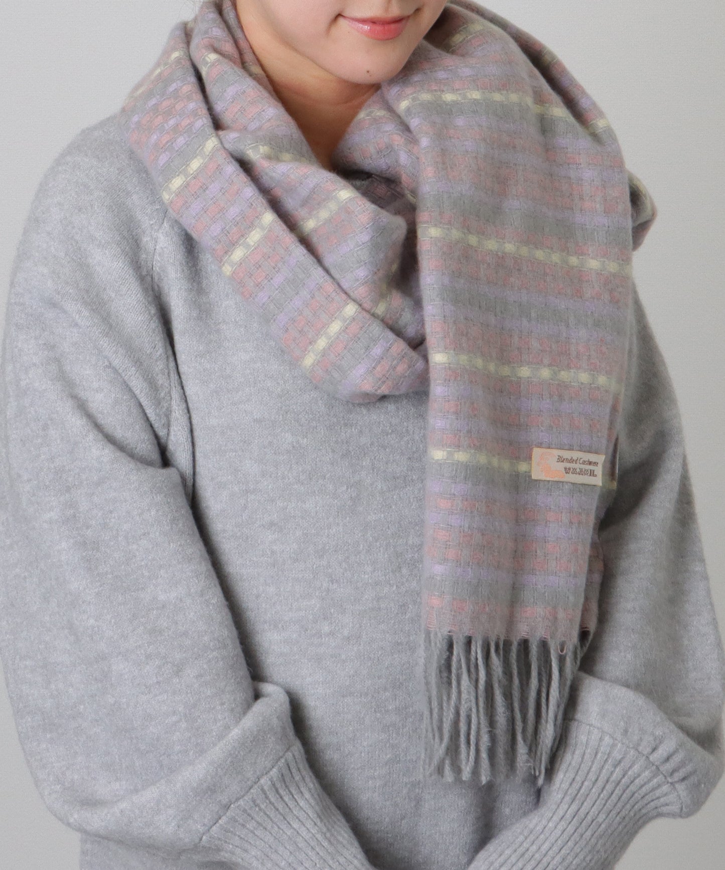 配色 チェック フリンジ ニット マフラー