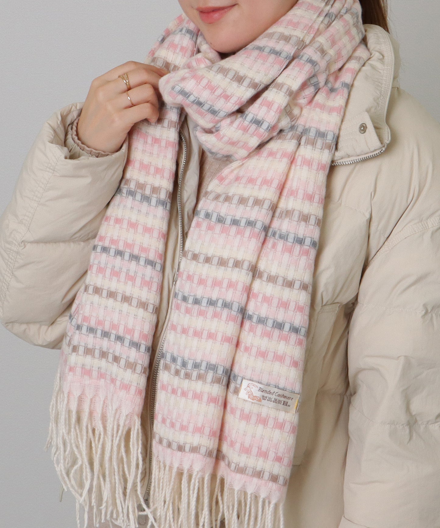 配色 チェック フリンジ ニット マフラー
