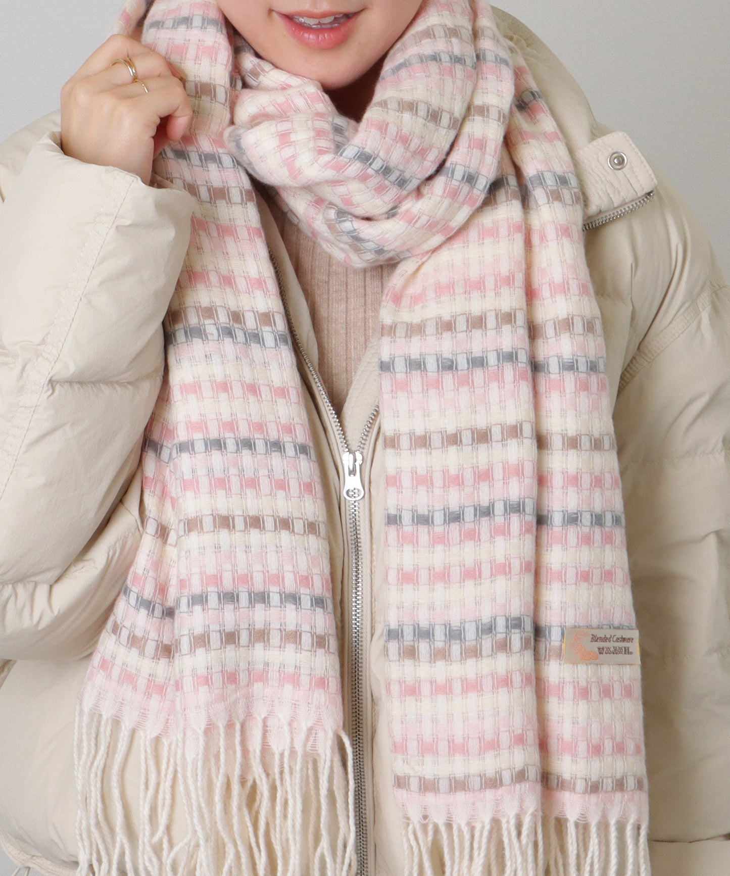 配色 チェック フリンジ ニット マフラー