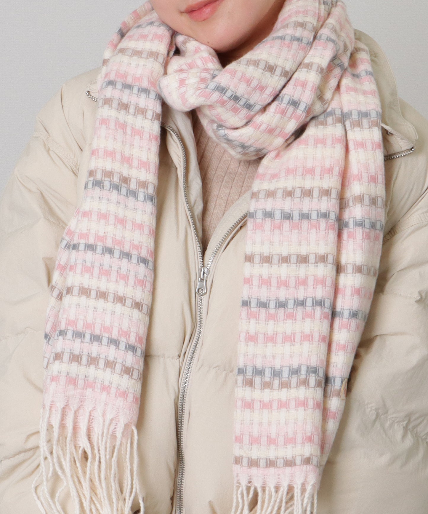 配色 チェック フリンジ ニット マフラー