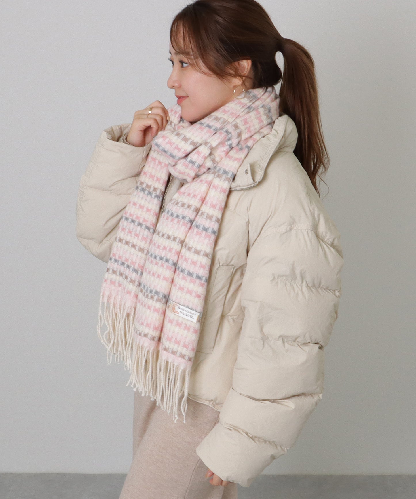 配色 チェック フリンジ ニット マフラー