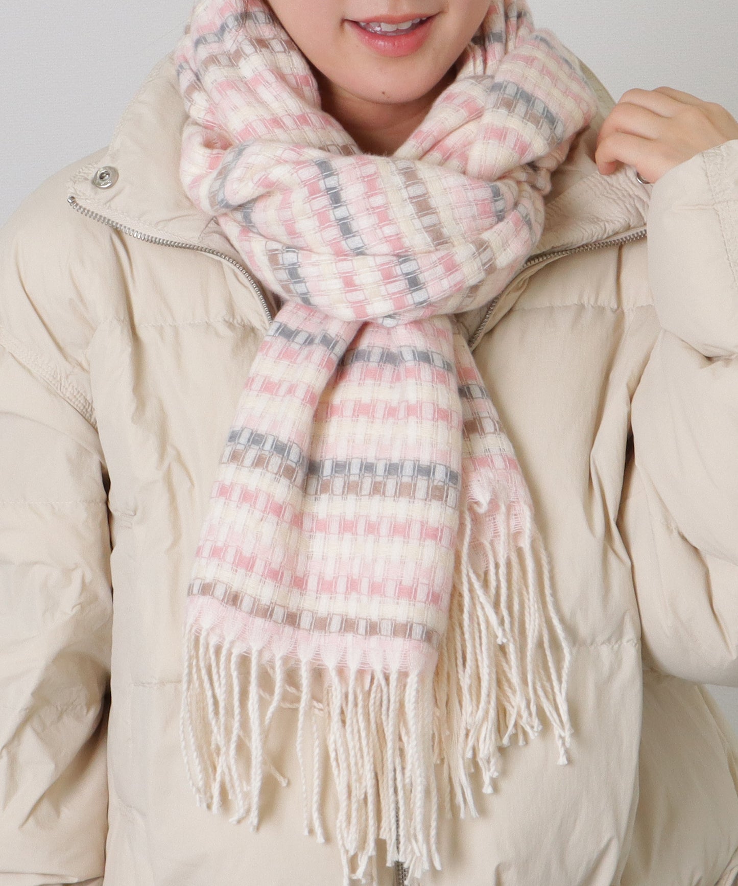 配色 チェック フリンジ ニット マフラー