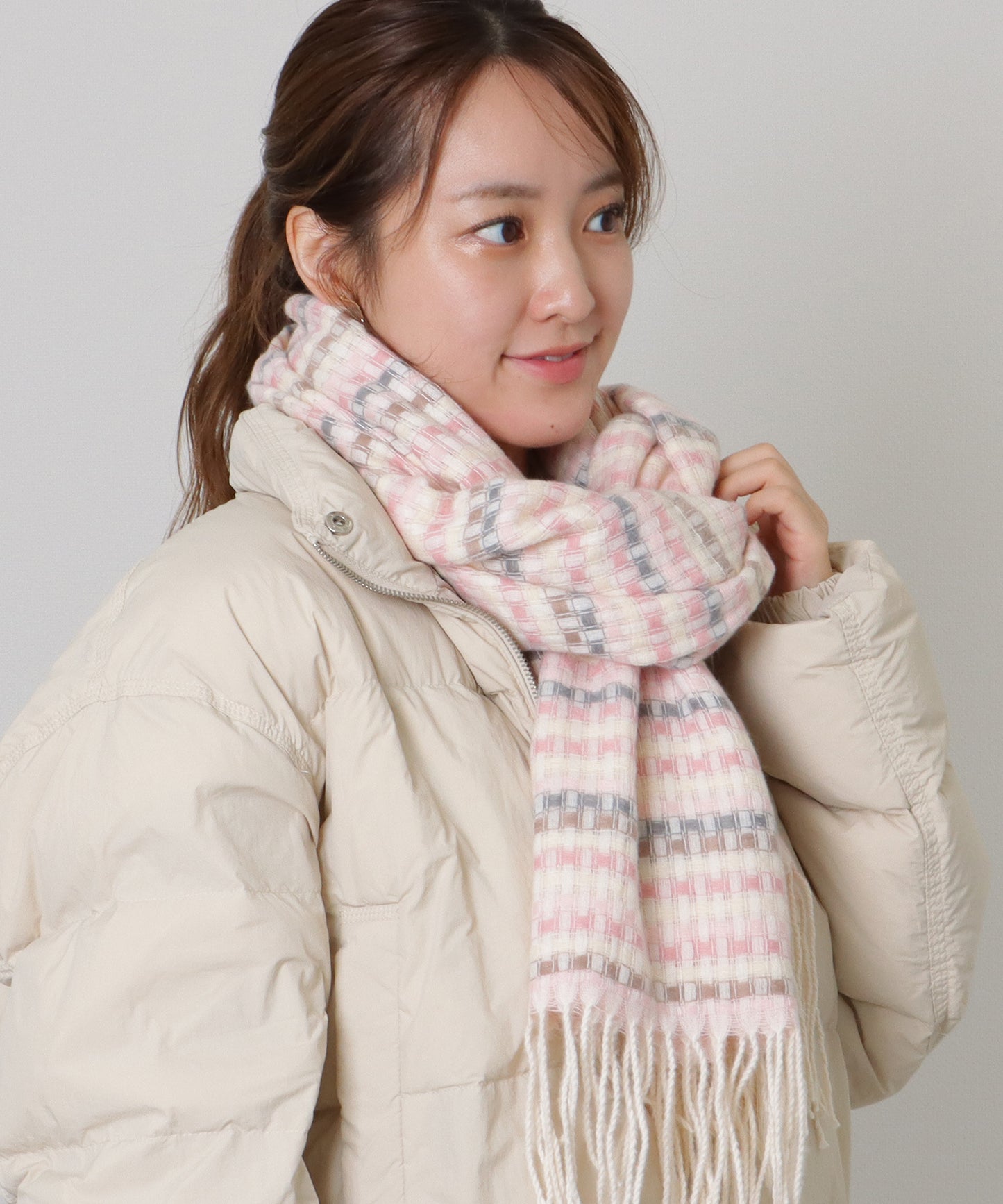 配色 チェック フリンジ ニット マフラー