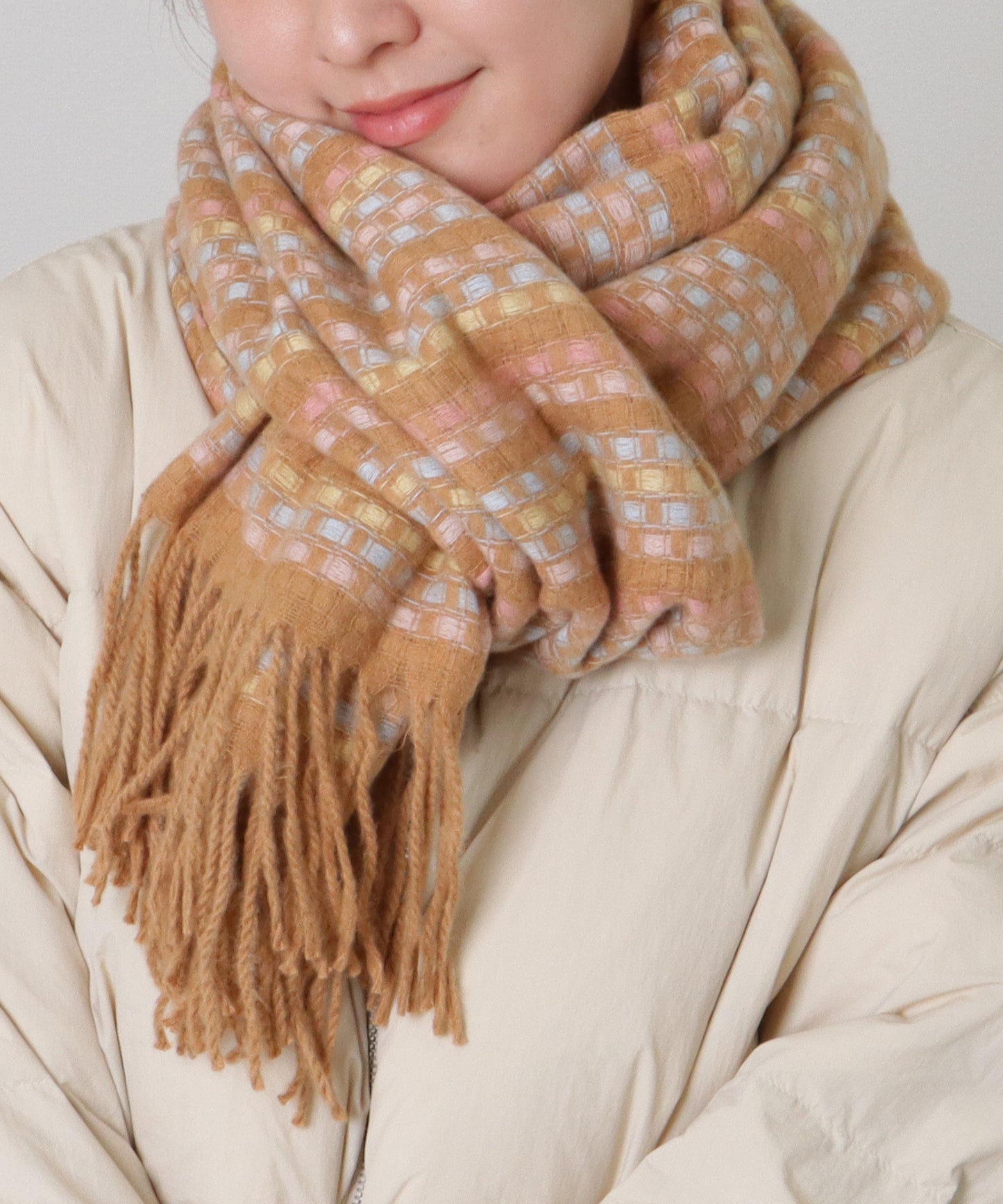 配色 チェック フリンジ ニット マフラー