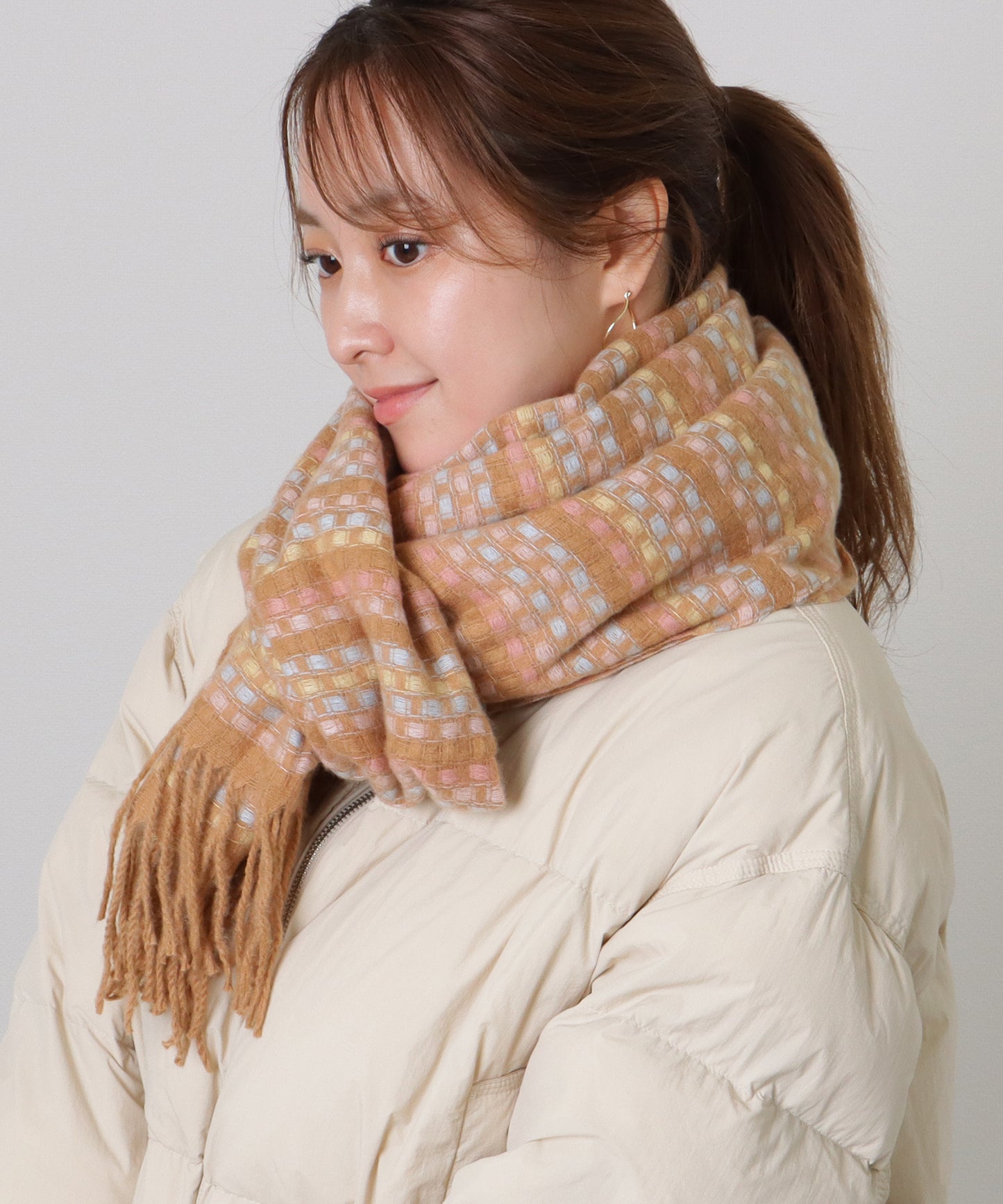 配色 チェック フリンジ ニット マフラー
