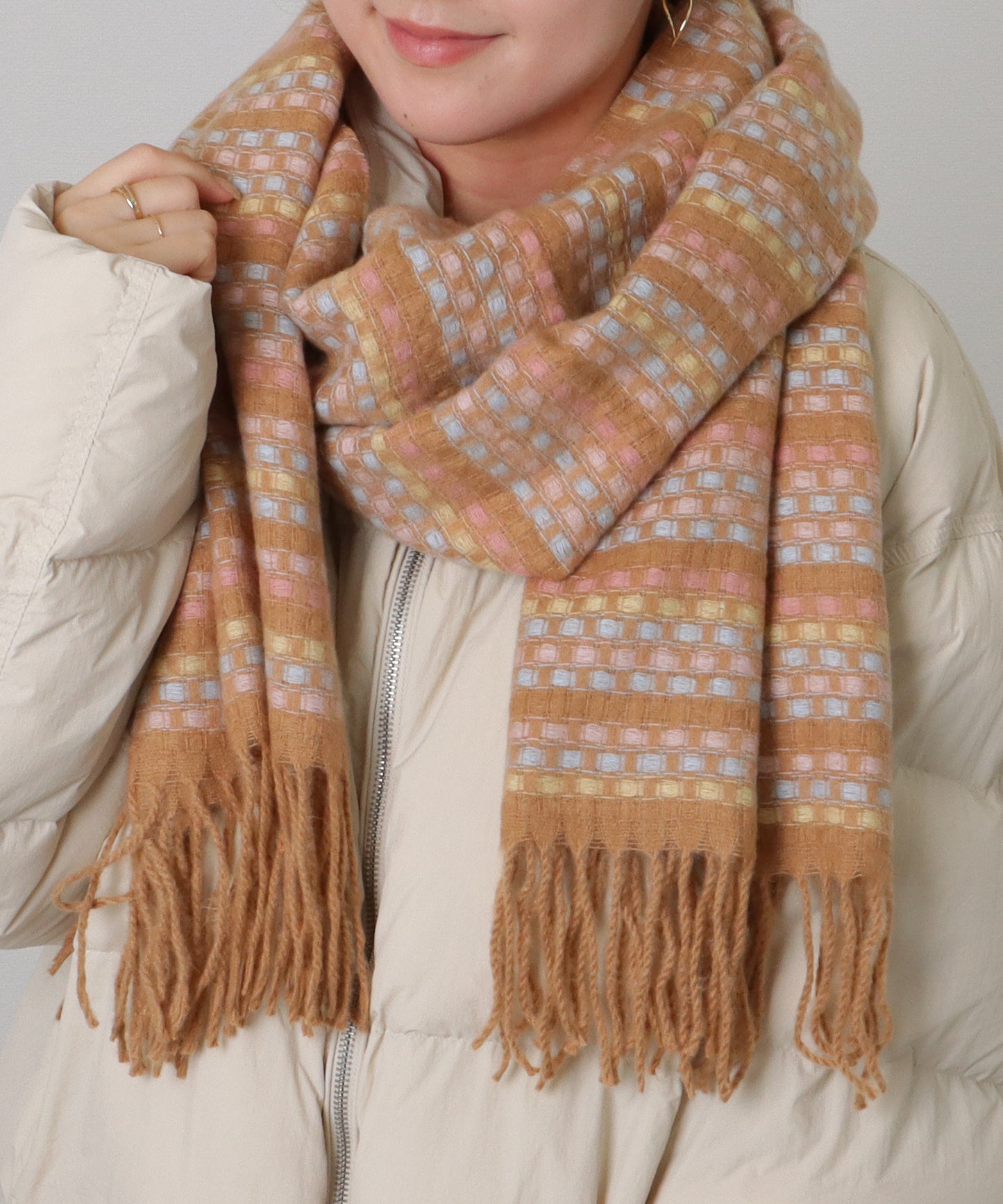 配色 チェック フリンジ ニット マフラー