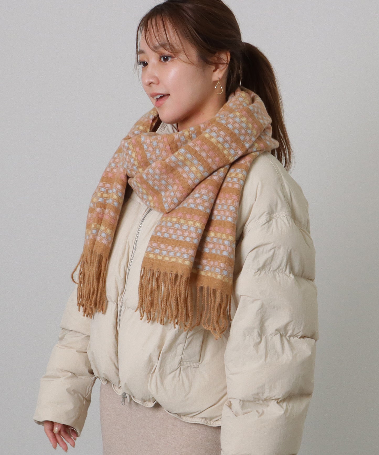 配色 チェック フリンジ ニット マフラー