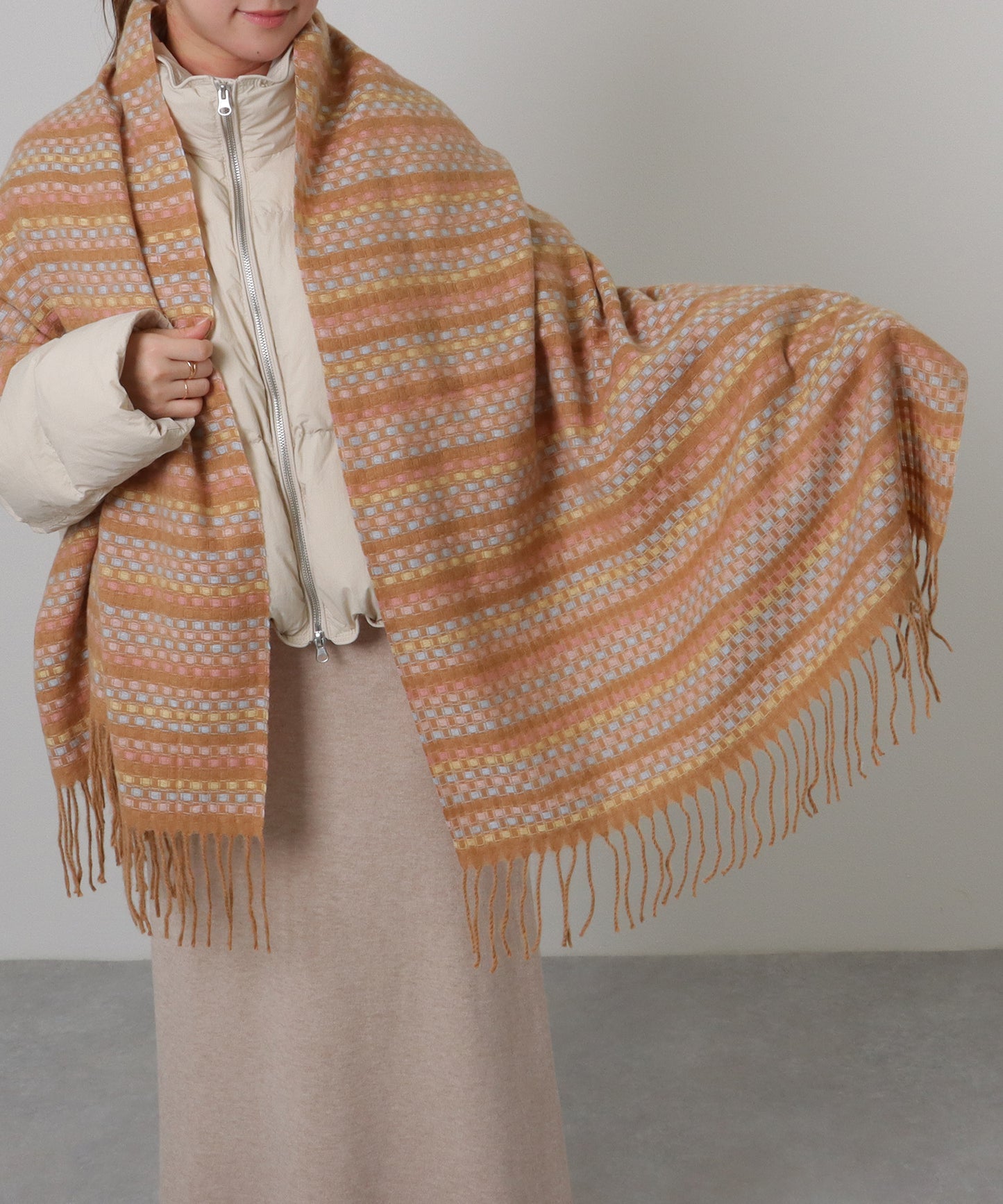 配色 チェック フリンジ ニット マフラー