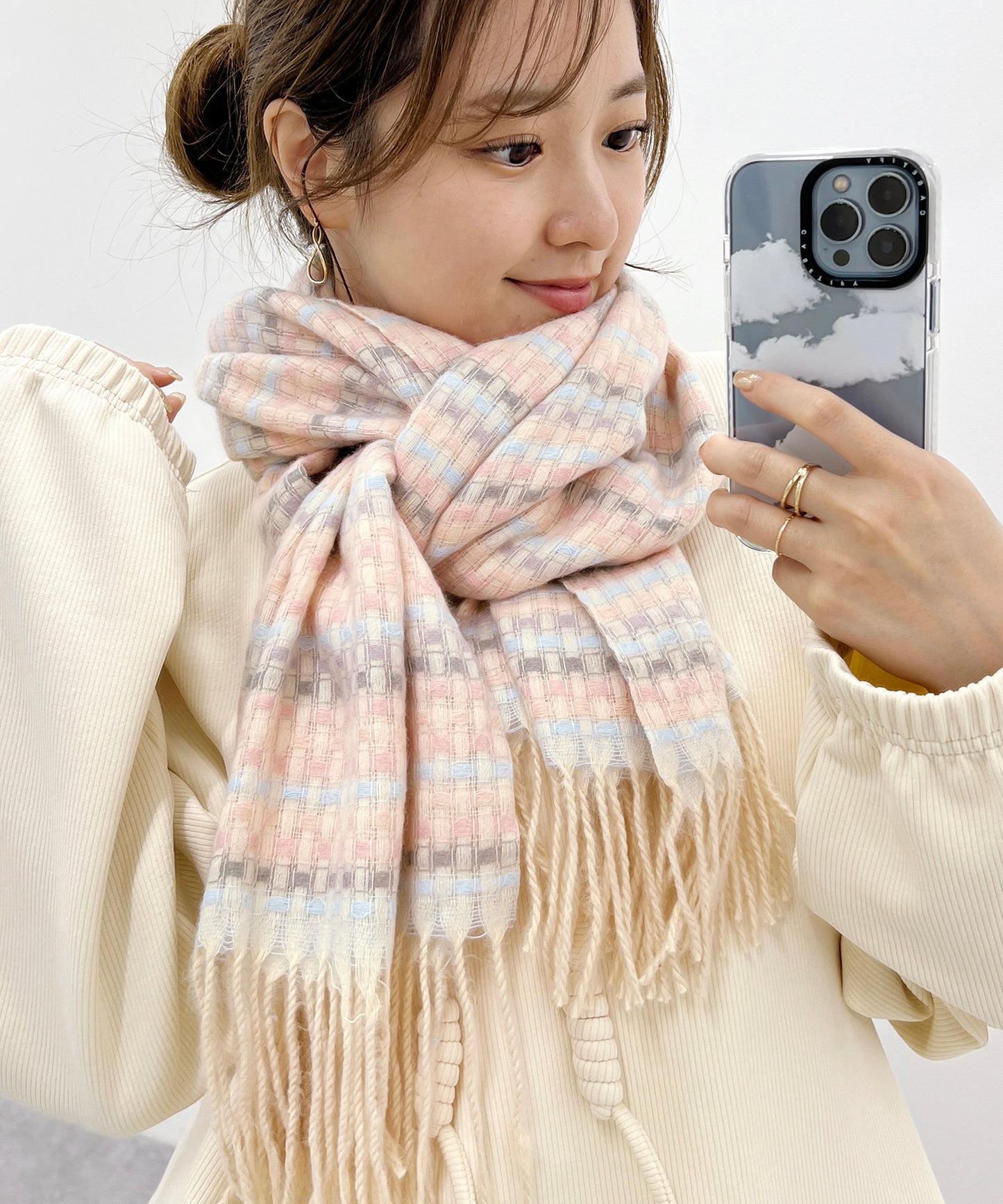 配色 チェック フリンジ ニット マフラー