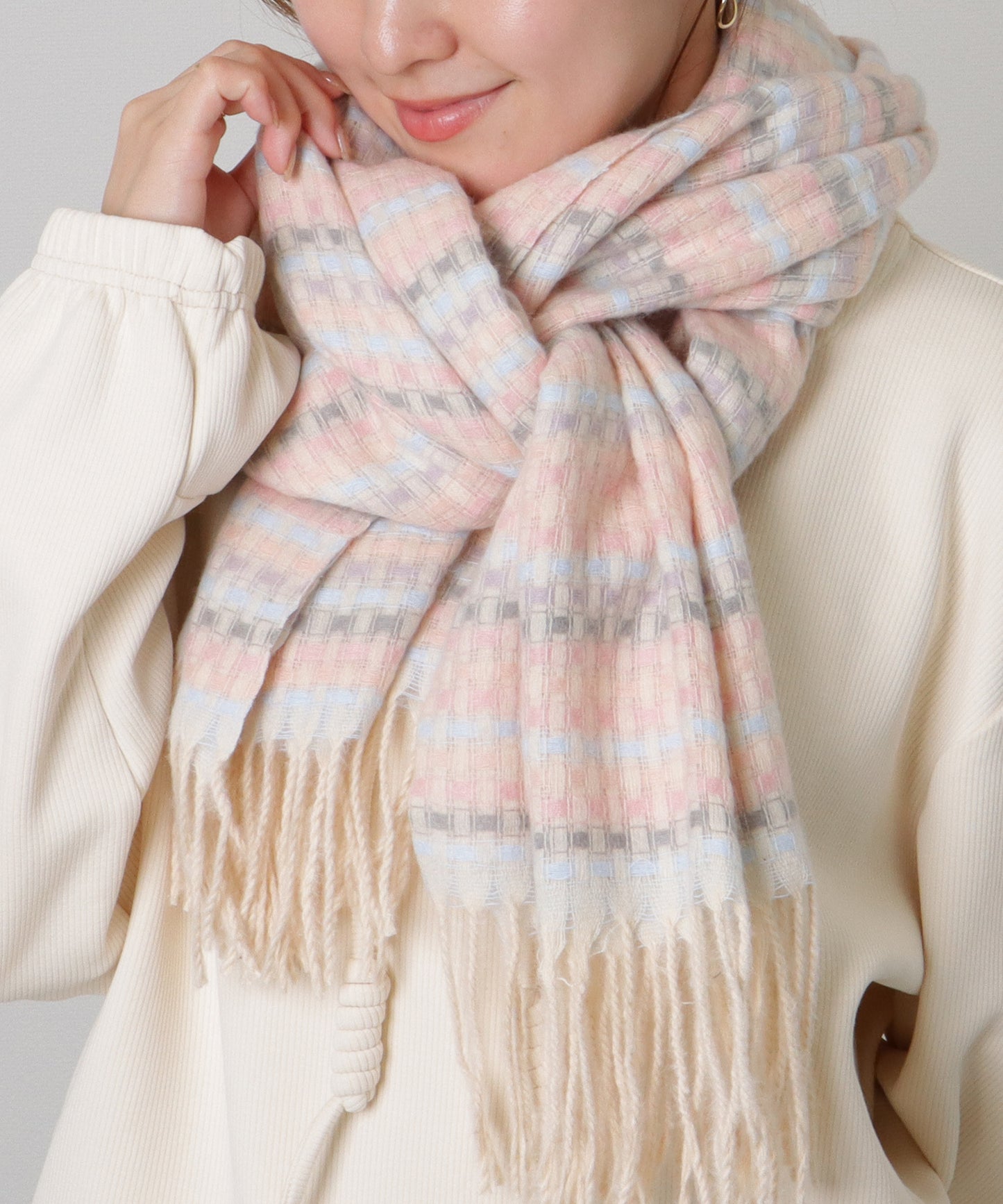 配色 チェック フリンジ ニット マフラー