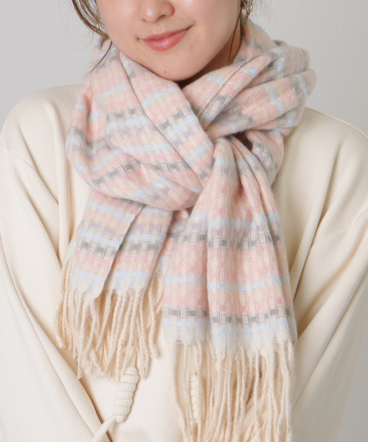 配色 チェック フリンジ ニット マフラー