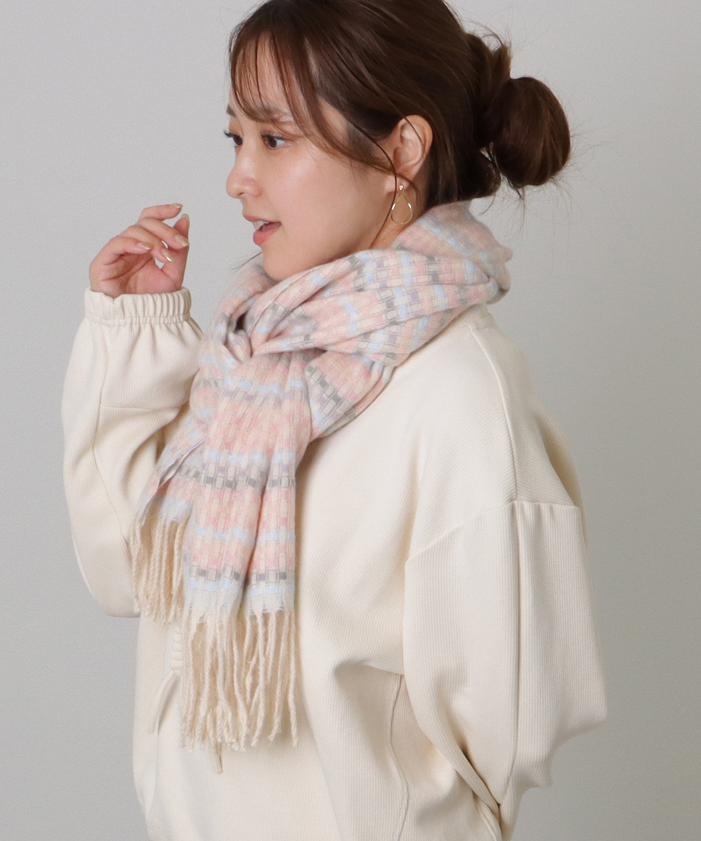 配色 チェック フリンジ ニット マフラー