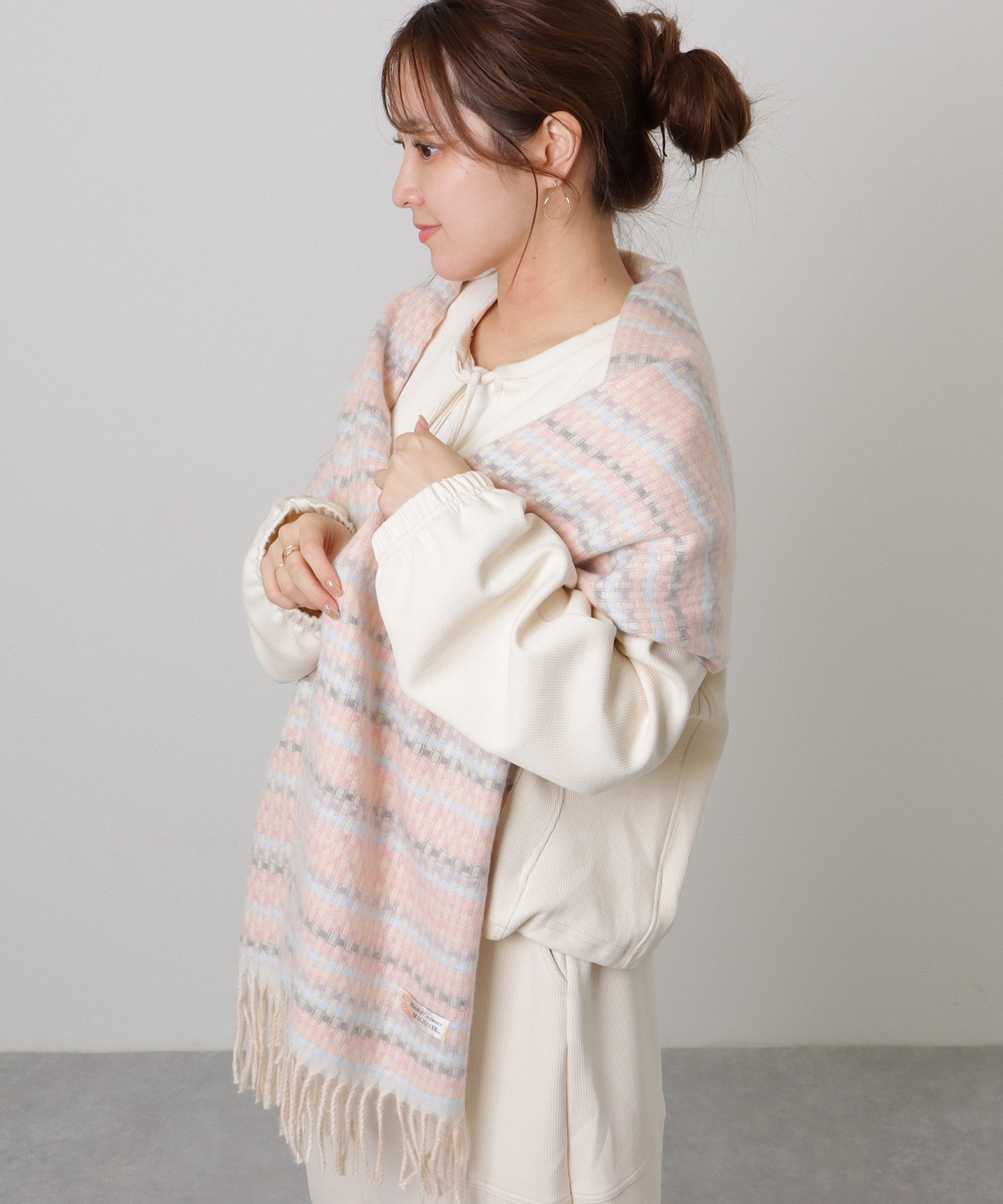 配色 チェック フリンジ ニット マフラー