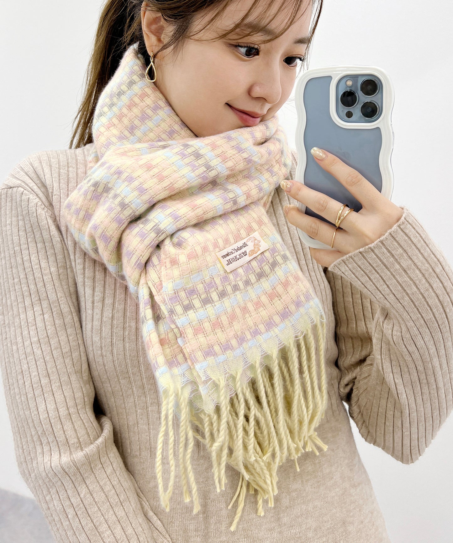 配色 チェック フリンジ ニット マフラー